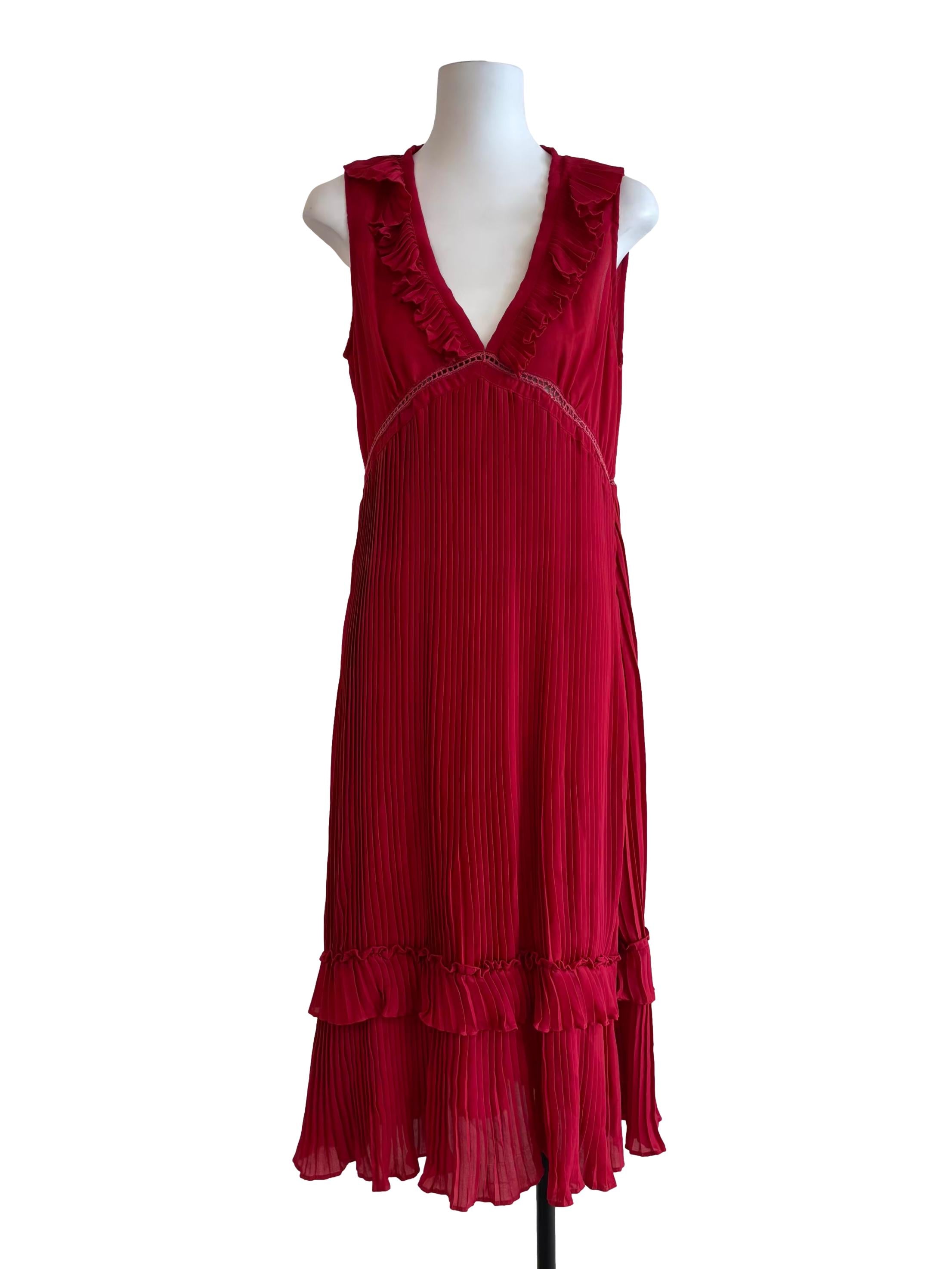 Apple Red Pleated Ruffled Sleeveless Dress