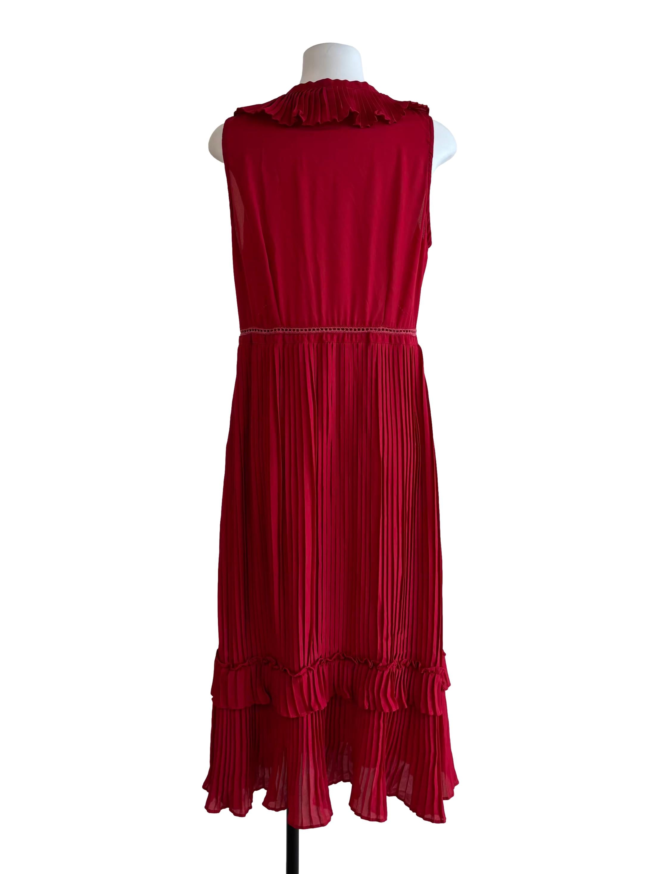 Apple Red Pleated Ruffled Sleeveless Dress