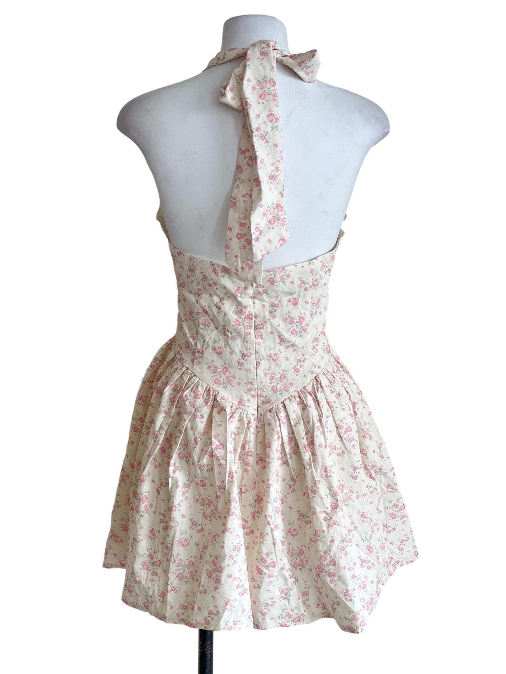 Ivory Pink Floral Halter Mini Dress