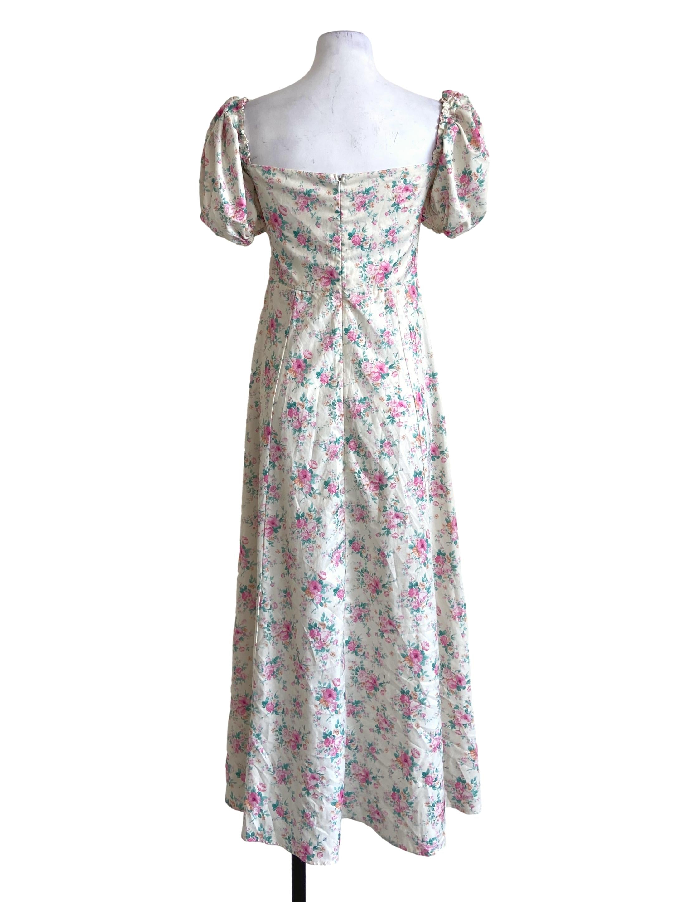 Cream White & Pink Floral Slit Dress