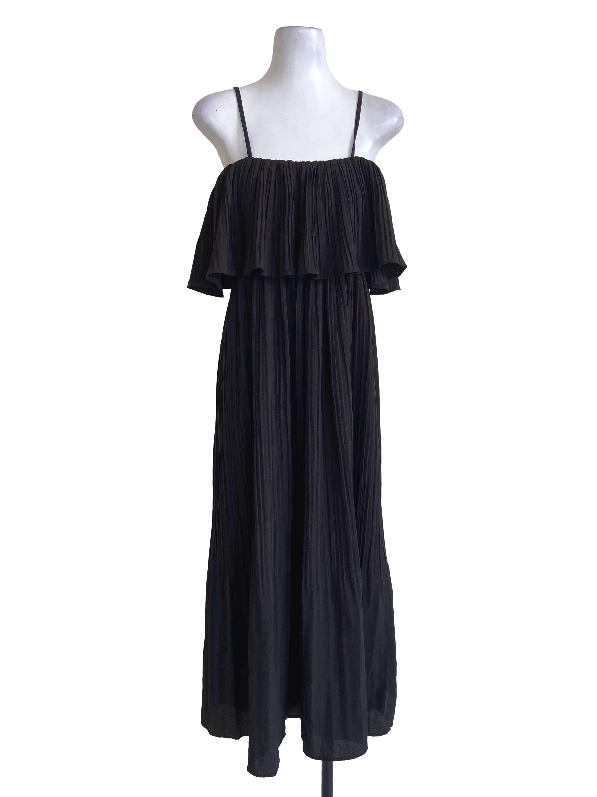 Black Spaghetti Straps Drop Shoulder Pleated Dress