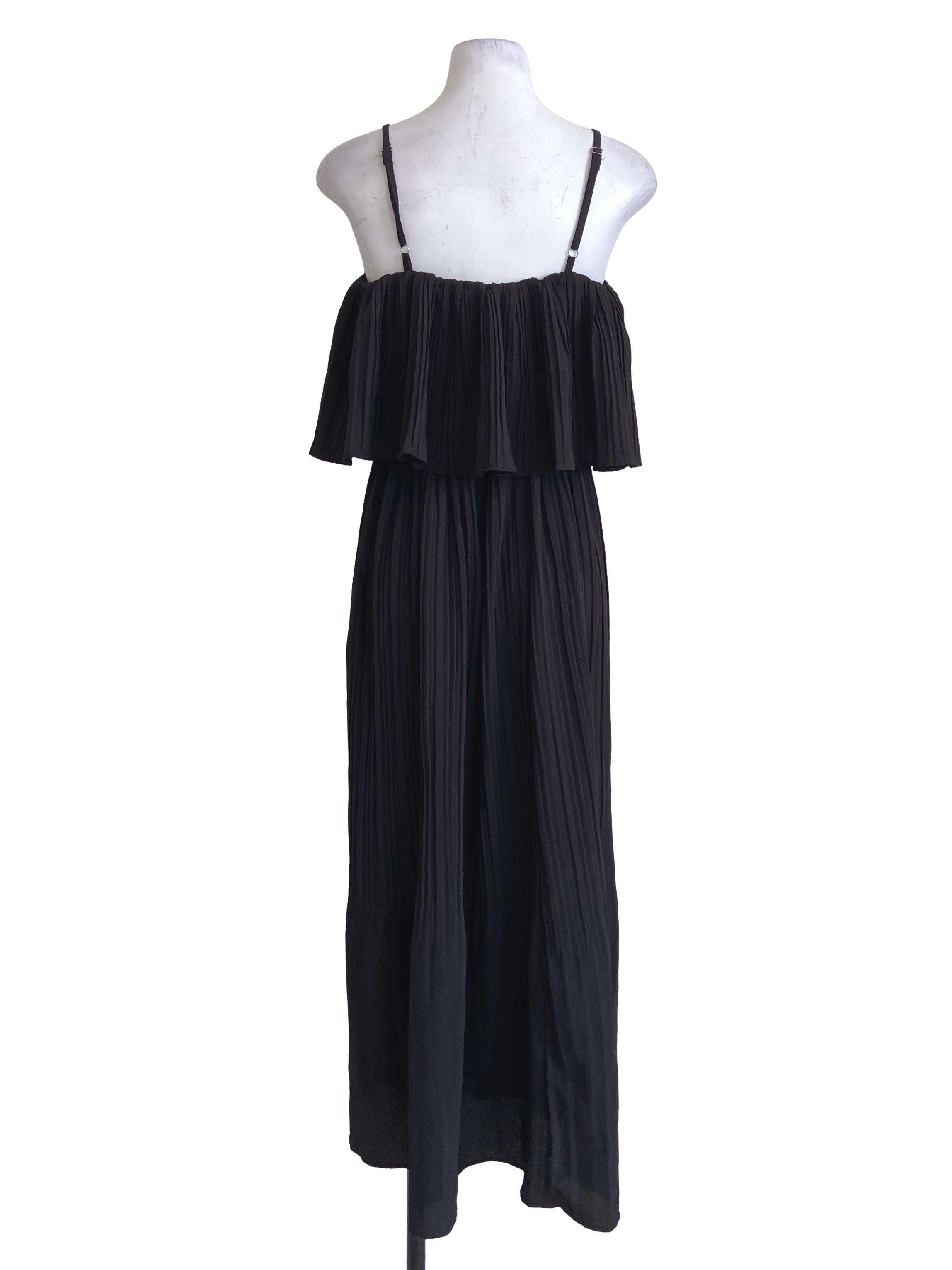 Black Spaghetti Straps Drop Shoulder Pleated Dress