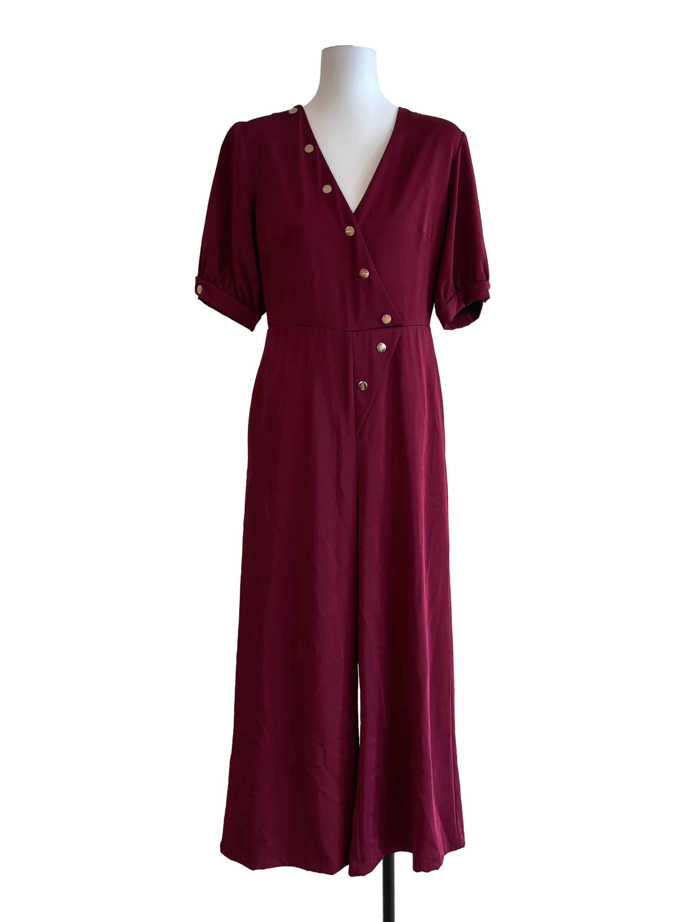 Maroon Short Sleeve Button Detail Jumpsuit