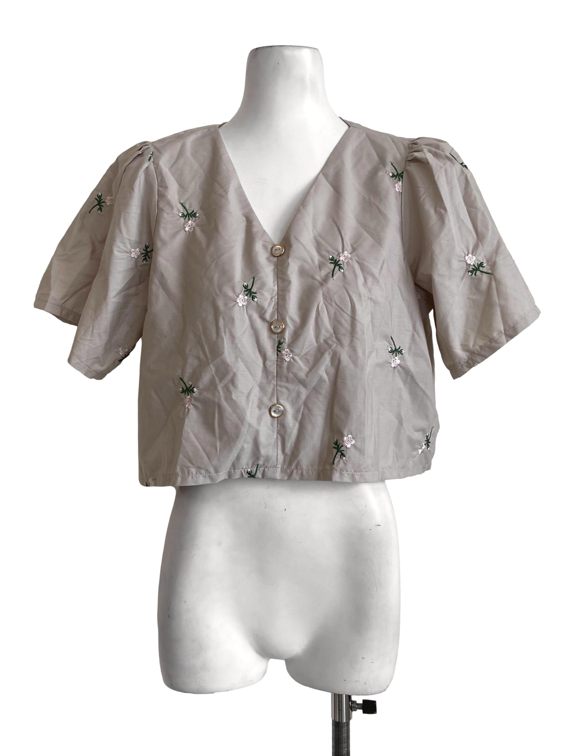 Linen Beige Floral Crop Blouse
