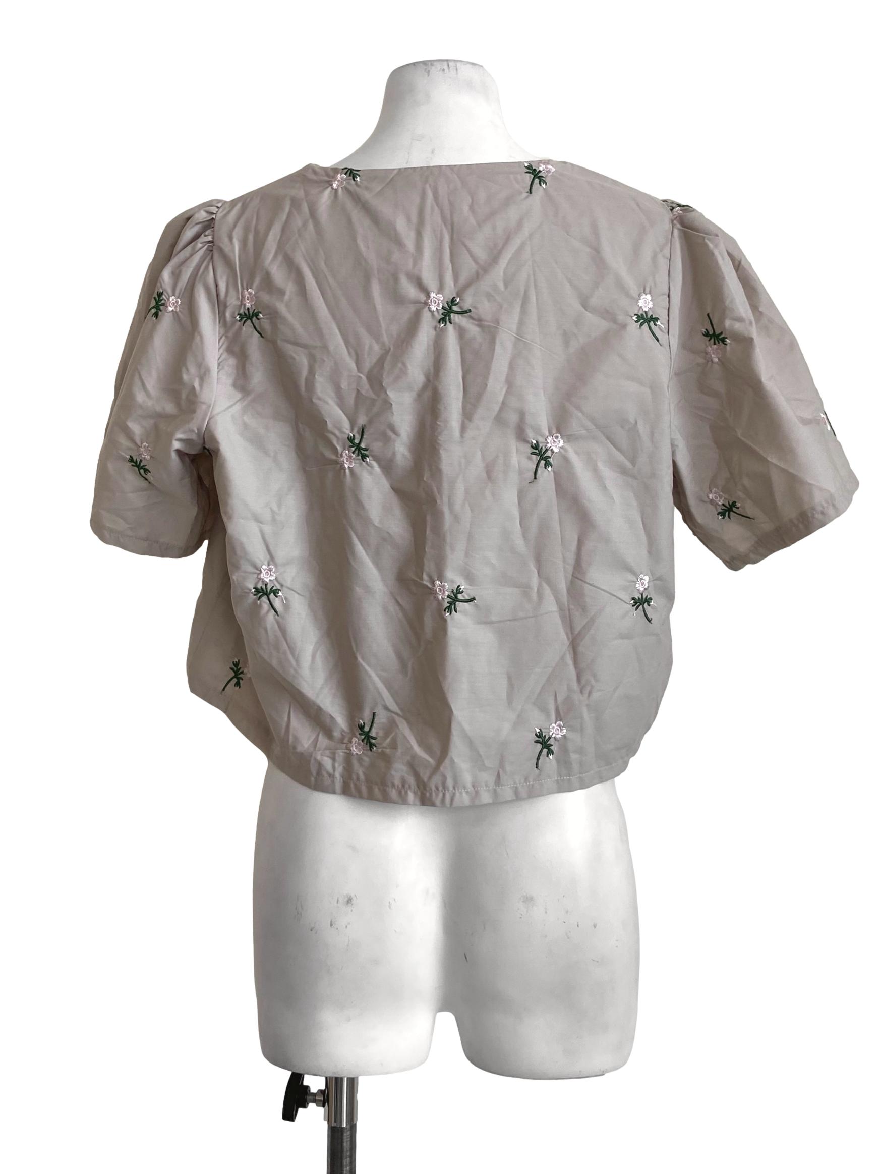 Linen Beige Floral Crop Blouse
