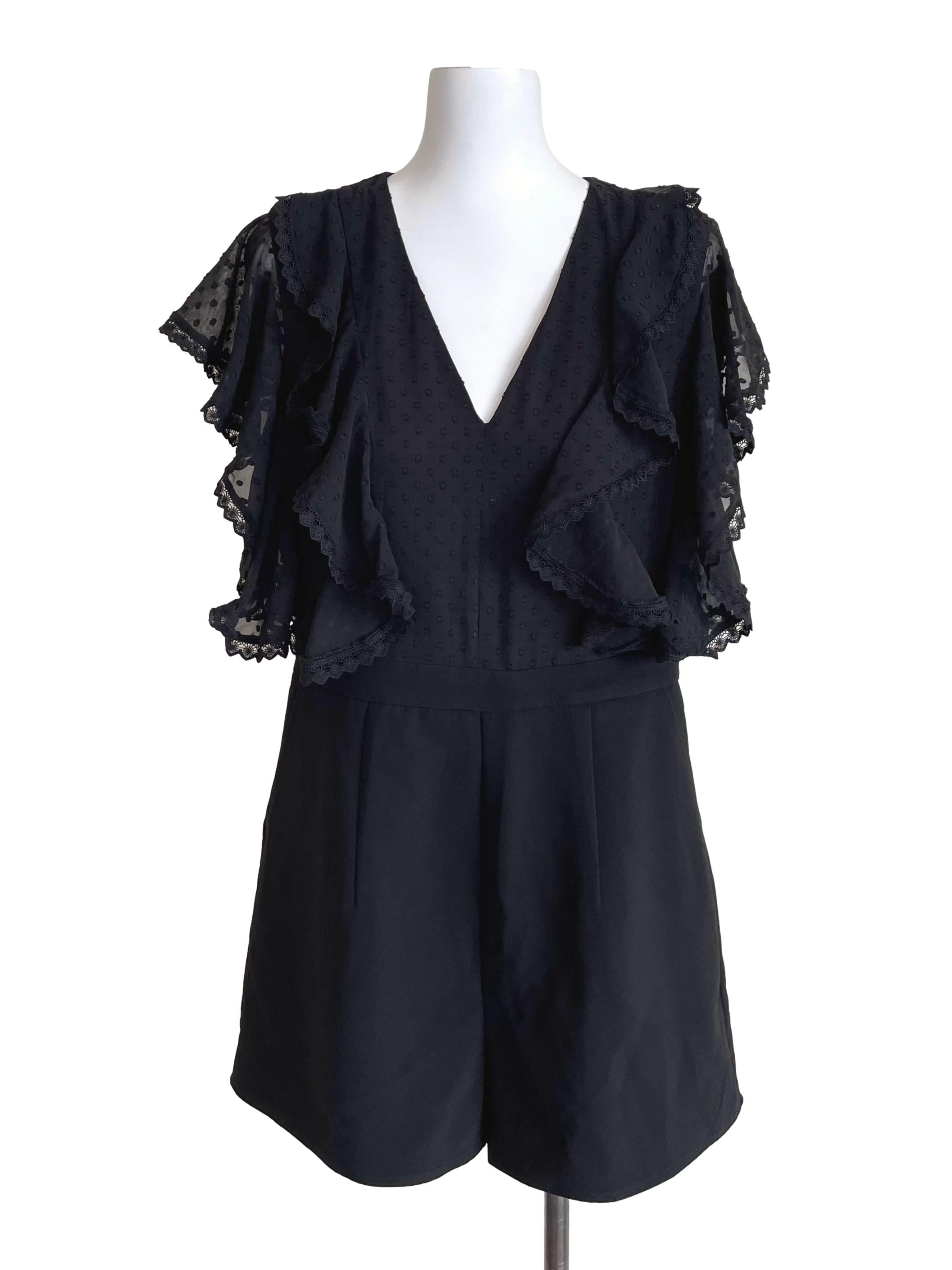 Black Butterfly Sleeves V Neck Romper