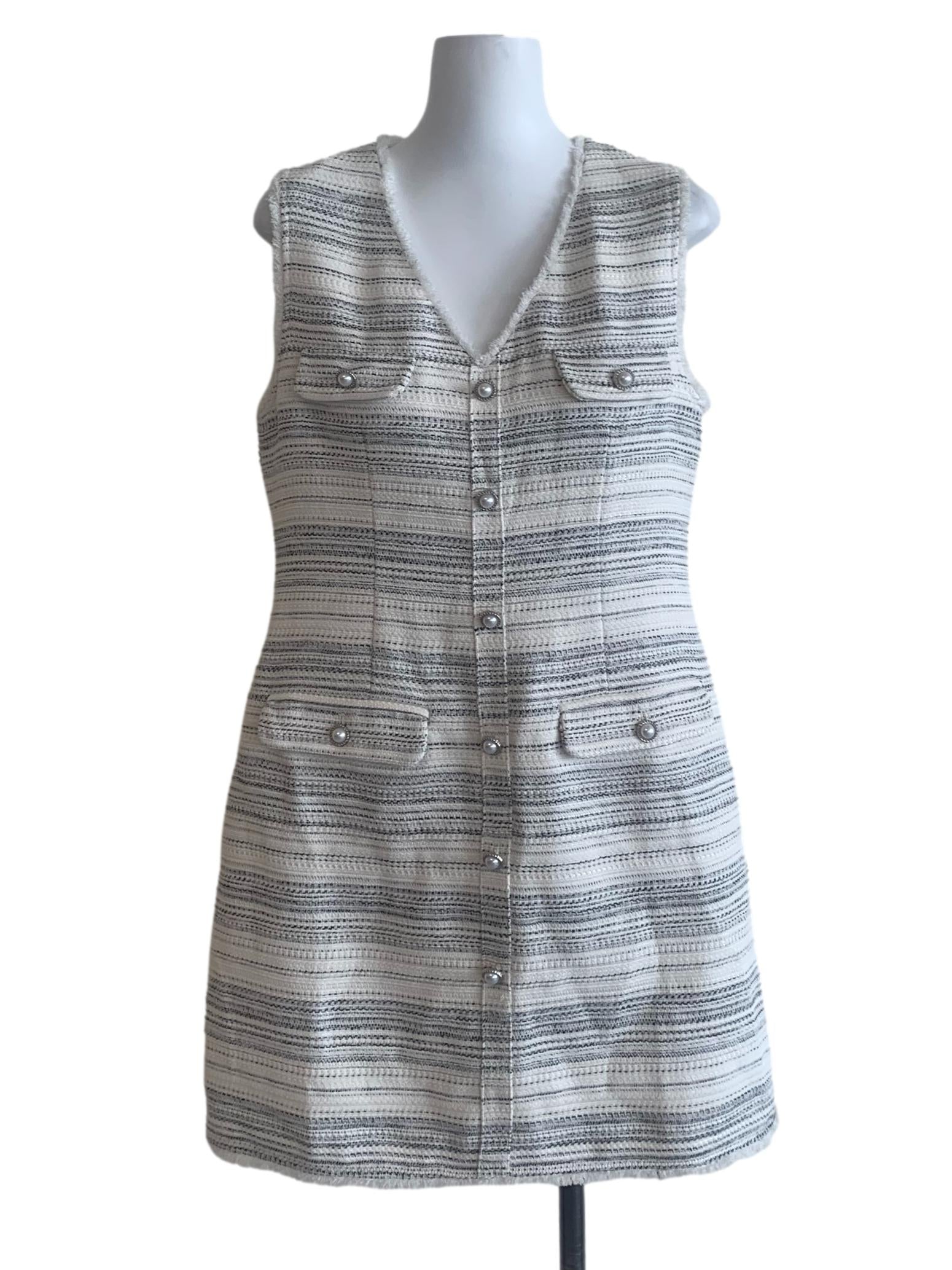 White Stripe Pattern Tweed Dress