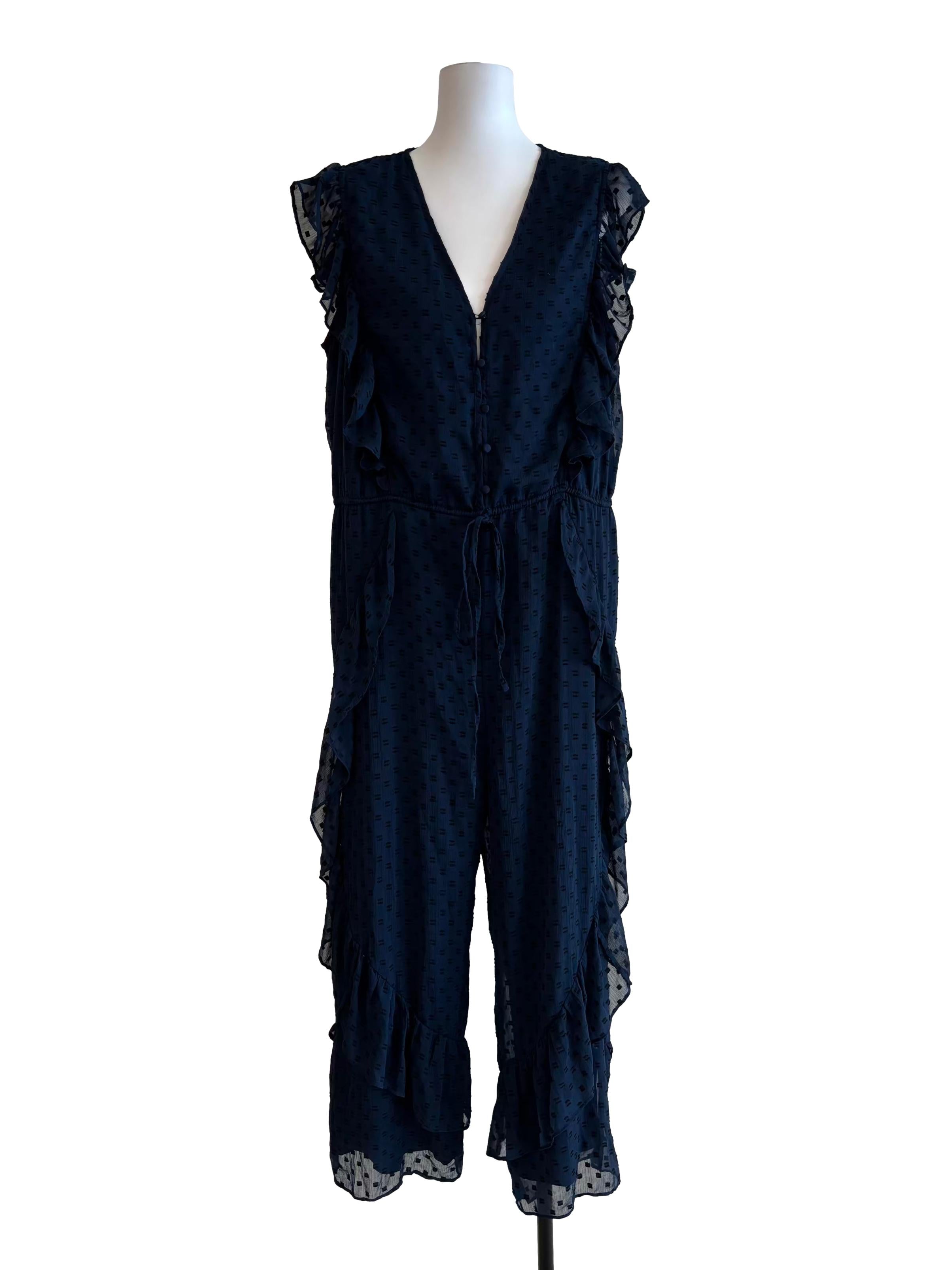 Navy Blue Textured Ruffle Jumpsuit