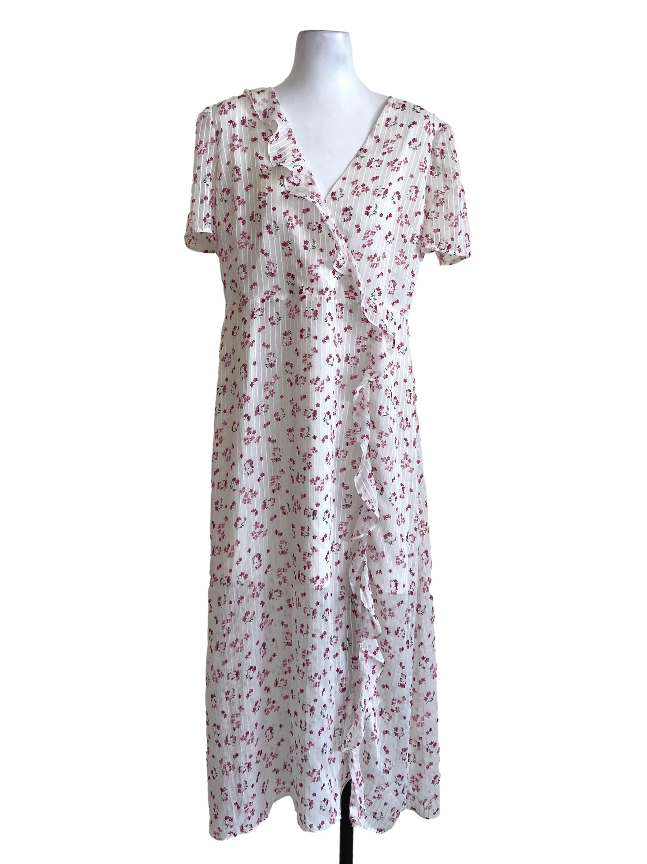 White & Pink Floral Slit Dress