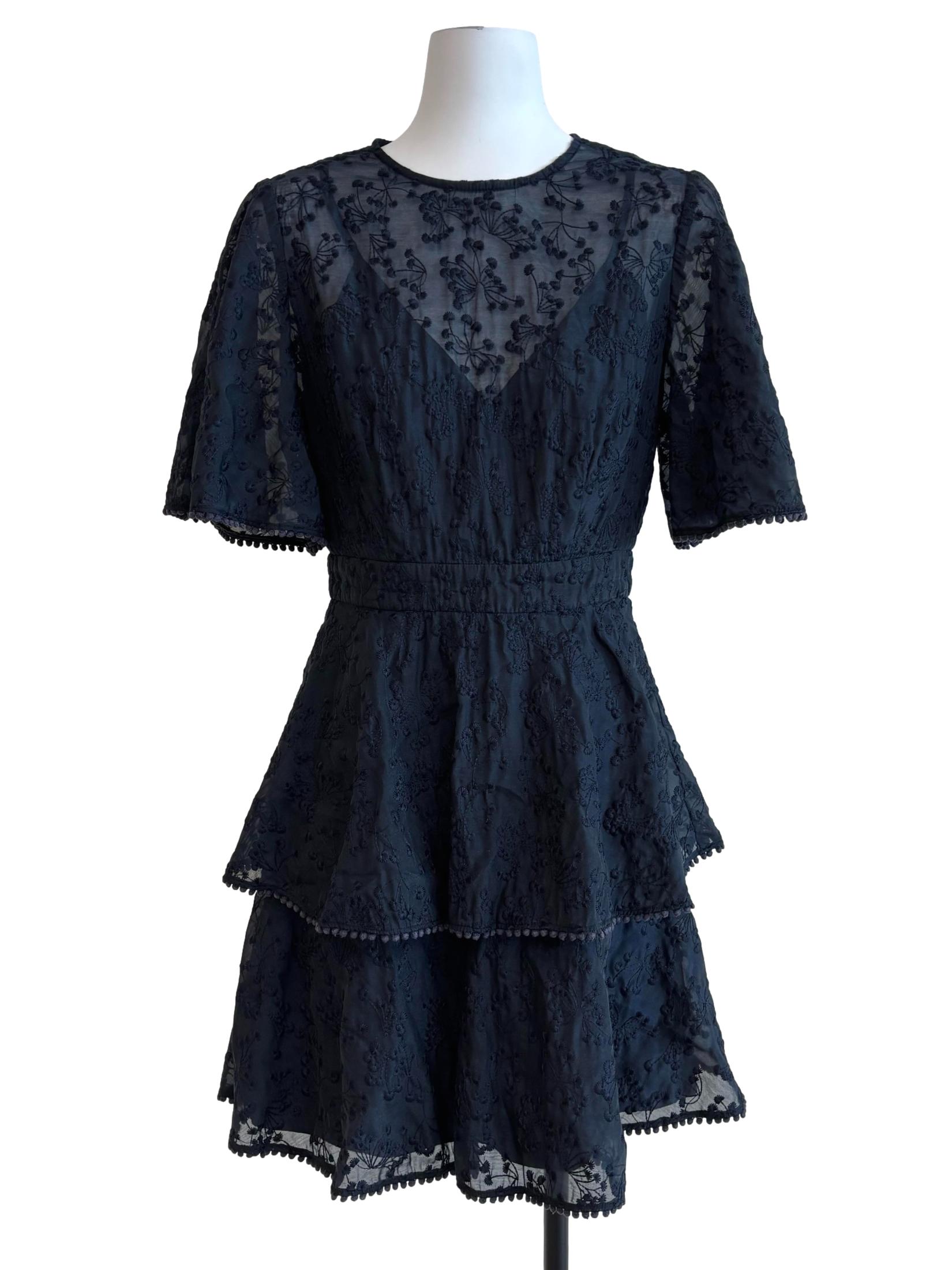 Soft Black Embroidered Tier Dress