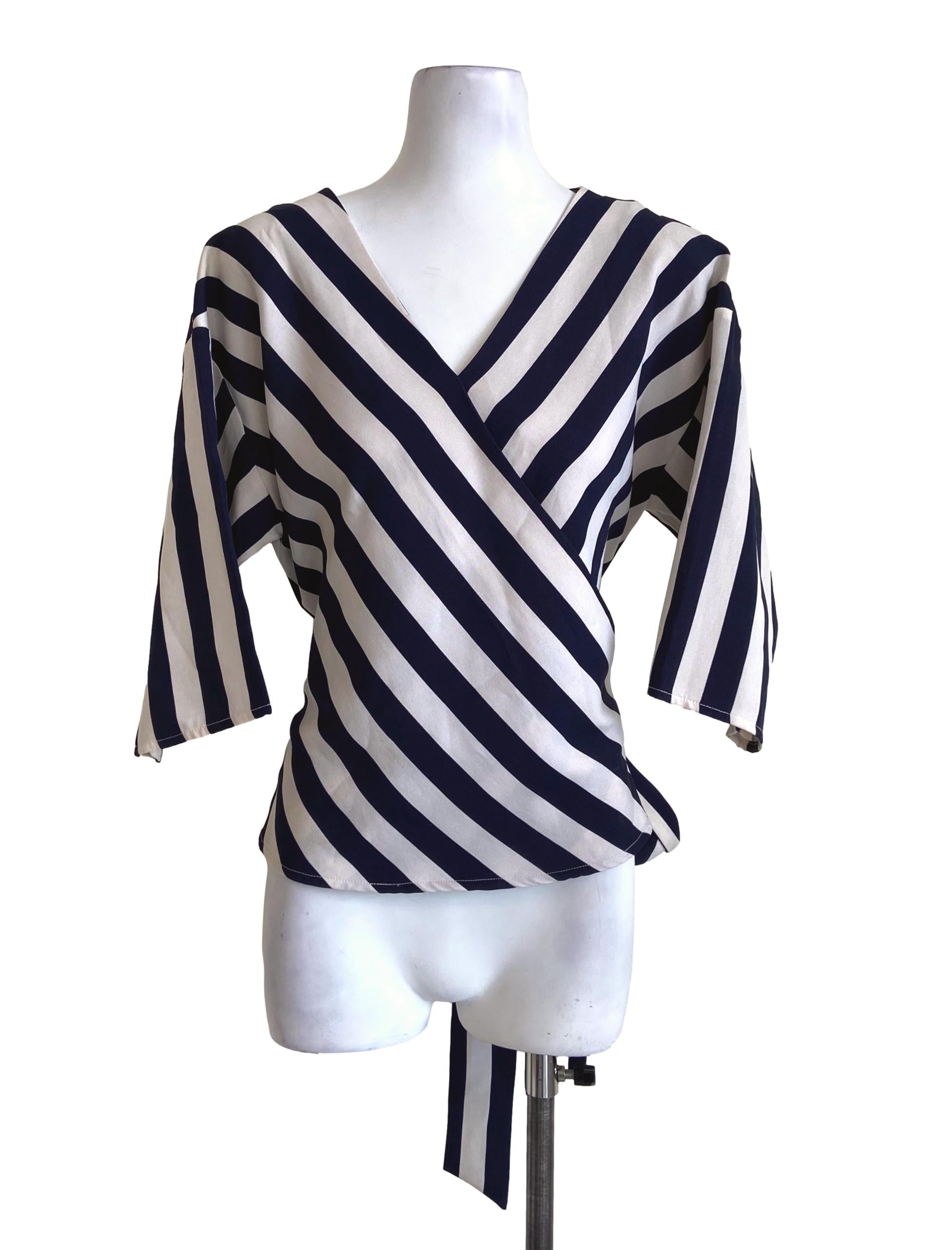 Blue & White Stripe V Neck Blouse