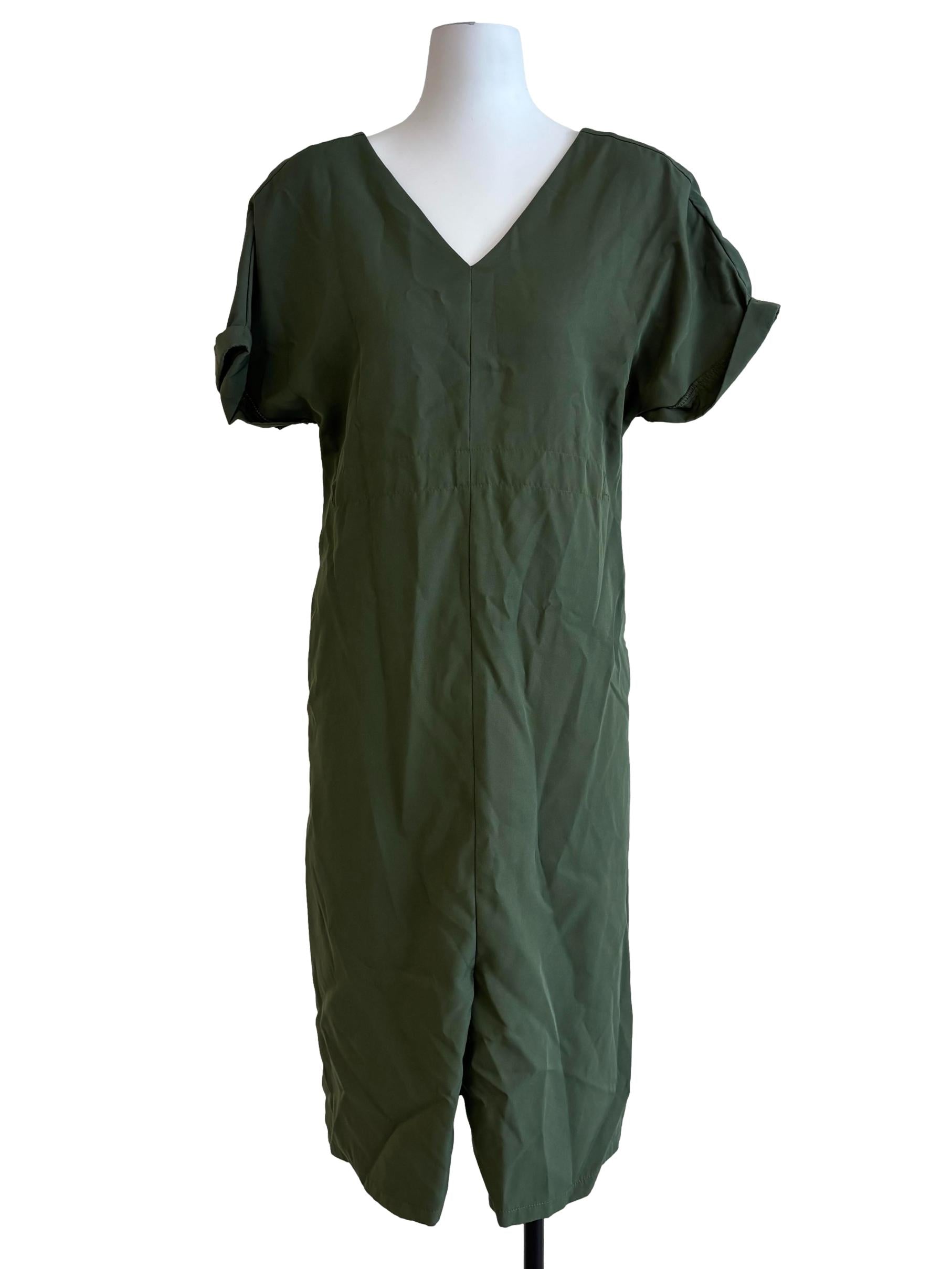 Olive Green V-Neck Shift Dress