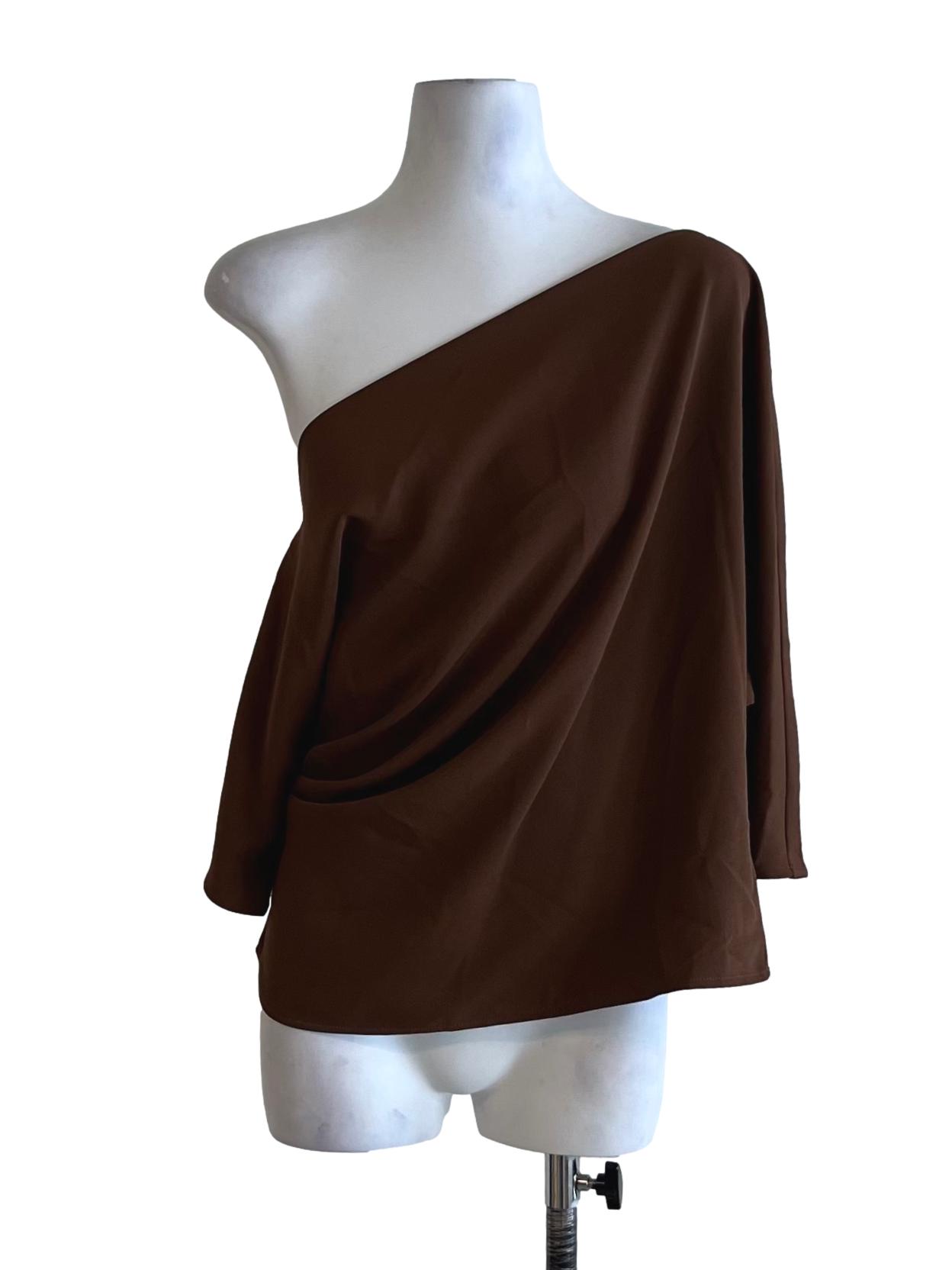 Brown Asymmetrical Neckline Blouse LB