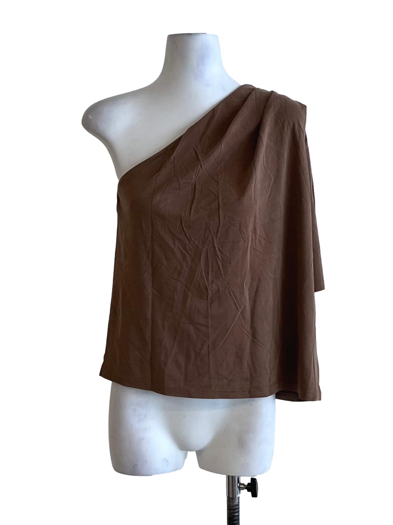 Brown Asymmetrical Neckline Blouse LB