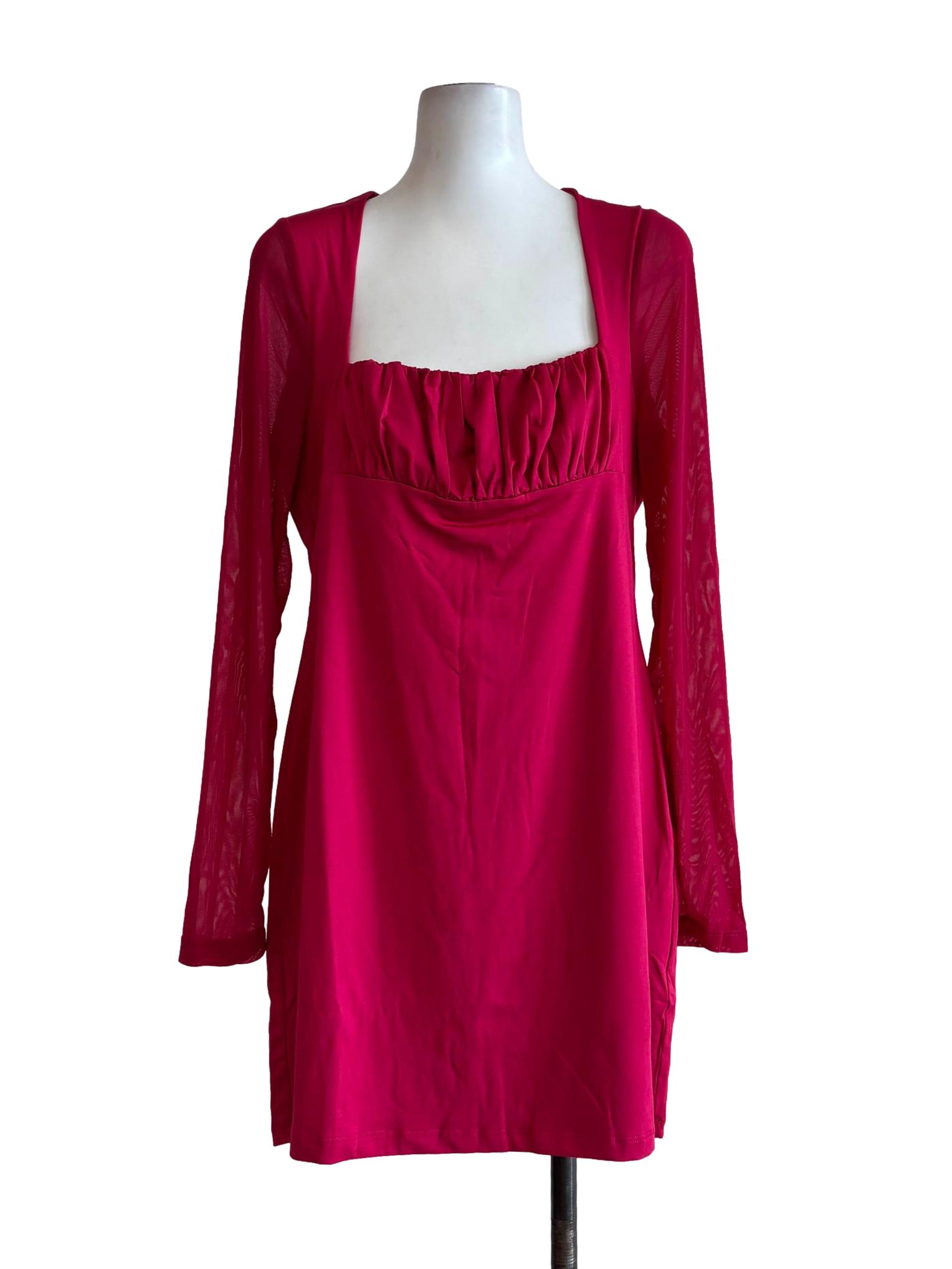 Hot Pink Square Neck Longsleeve Dress