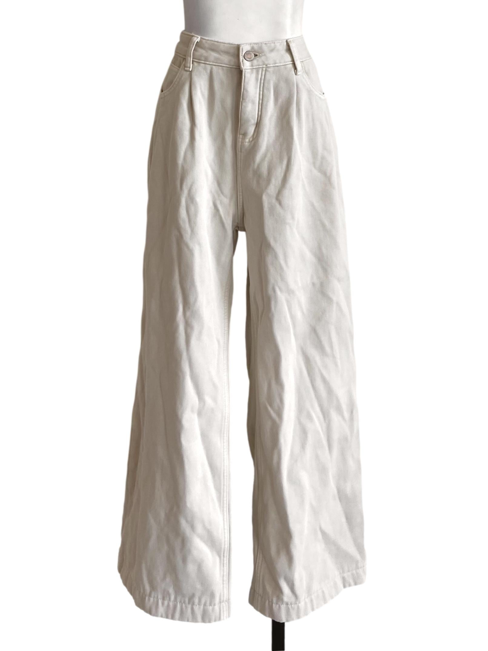 Cream White Herringbone Straight Jeans