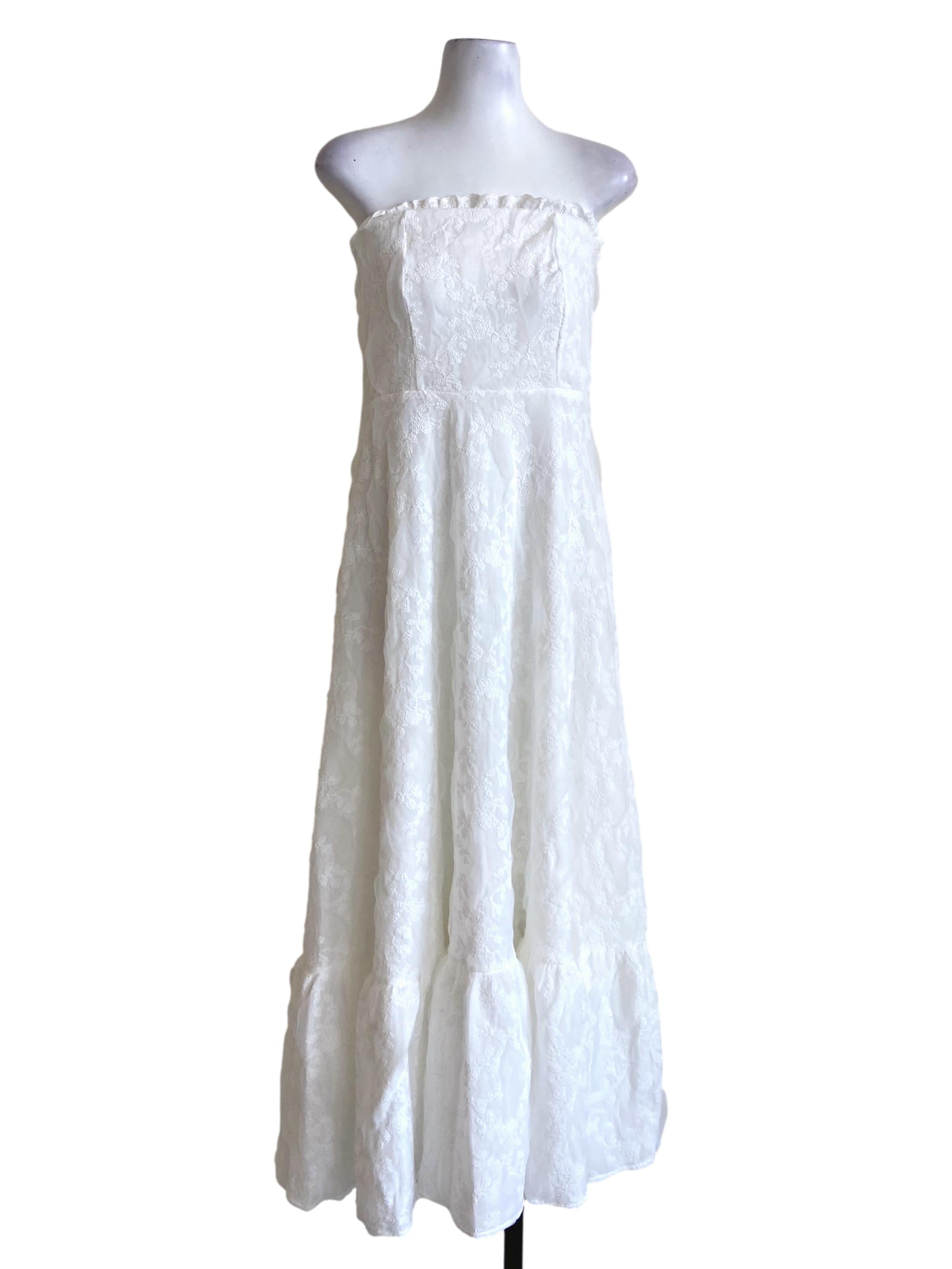 White Strapless Floral Lace Empire Dress