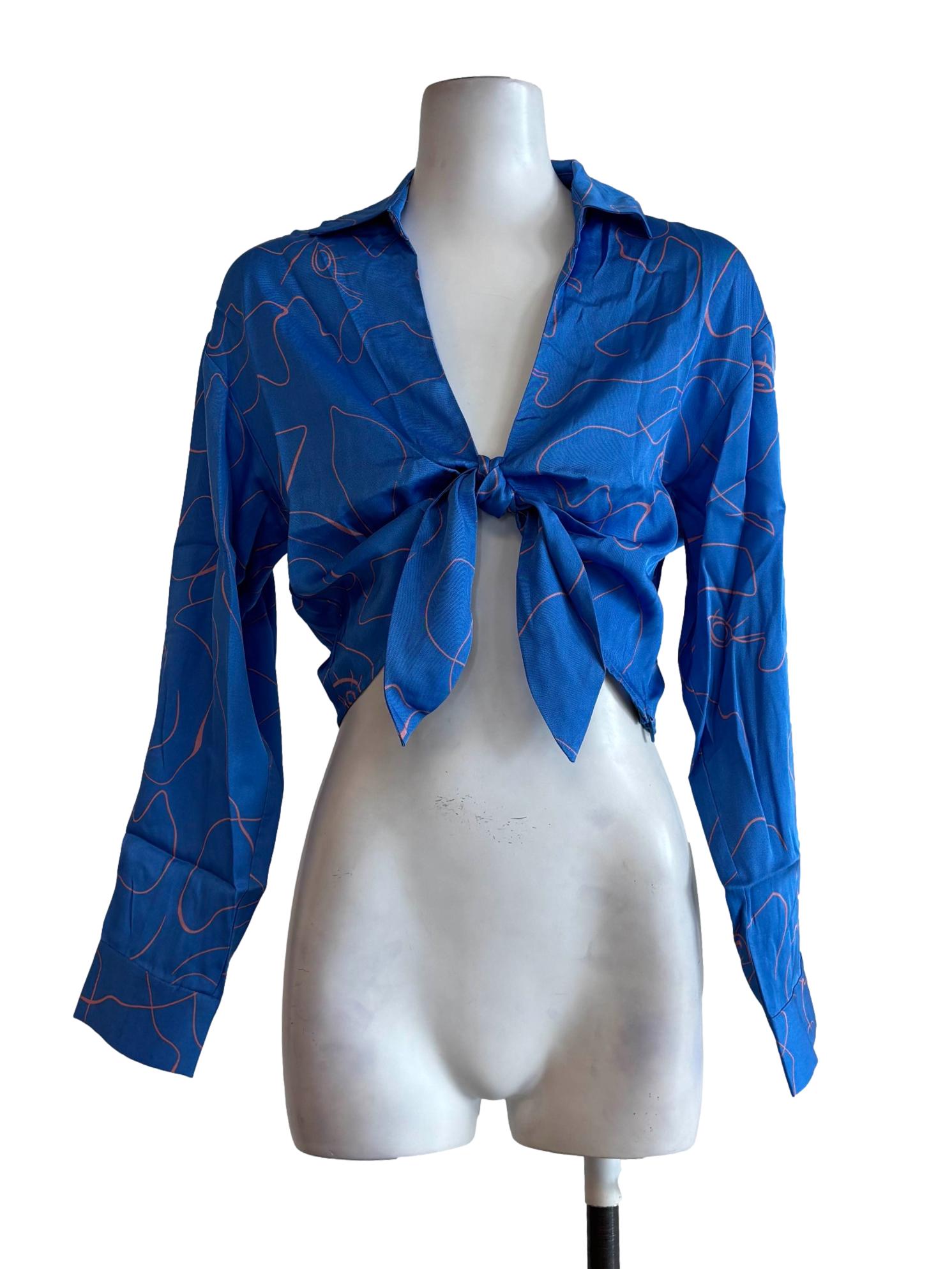 Blue Patterned Front Tie Top