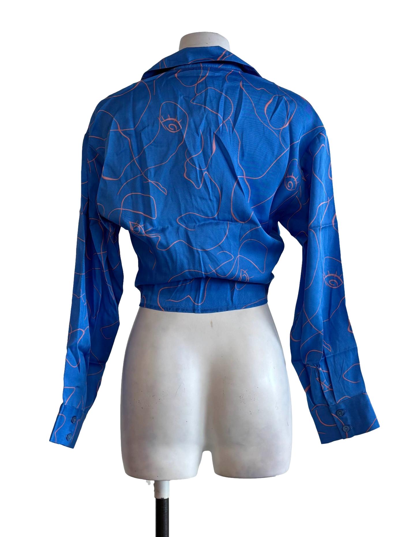 Blue Patterned Front Tie Top