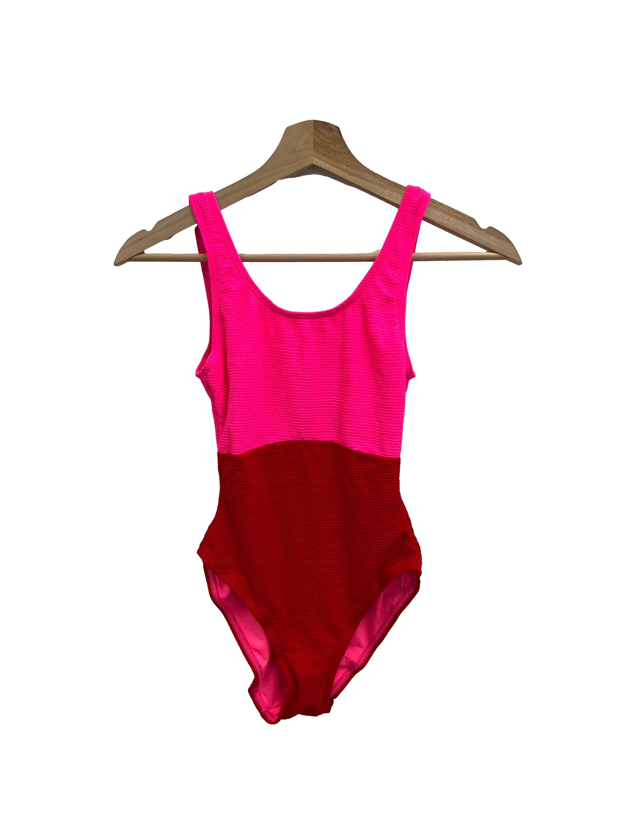 New Look Pink Red Colourblock Shirred Swimsuit | REFASH