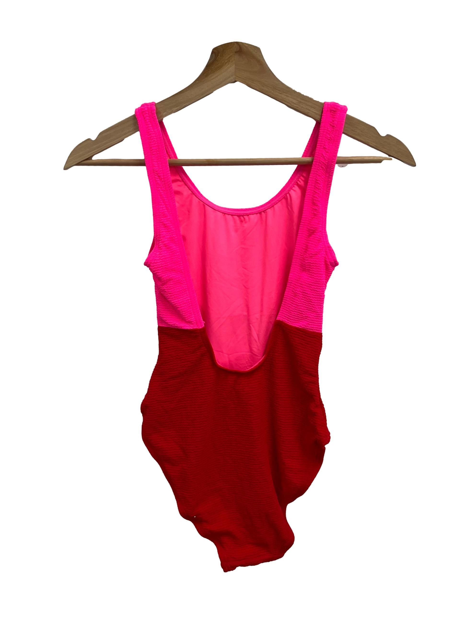 New Look Pink Red Colourblock Shirred Swimsuit | REFASH