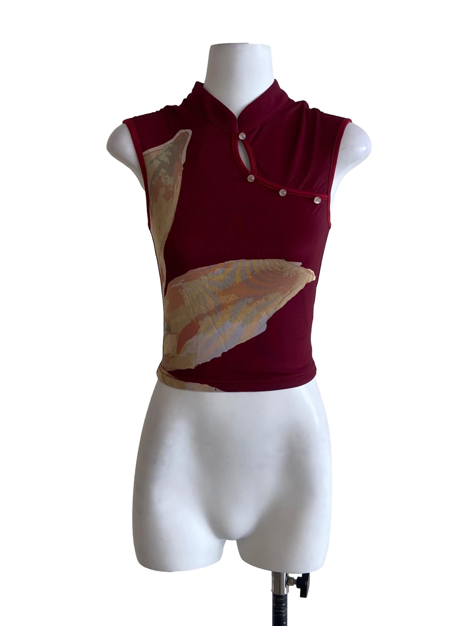 Red Daniah Mandarin Collar Mesh Top