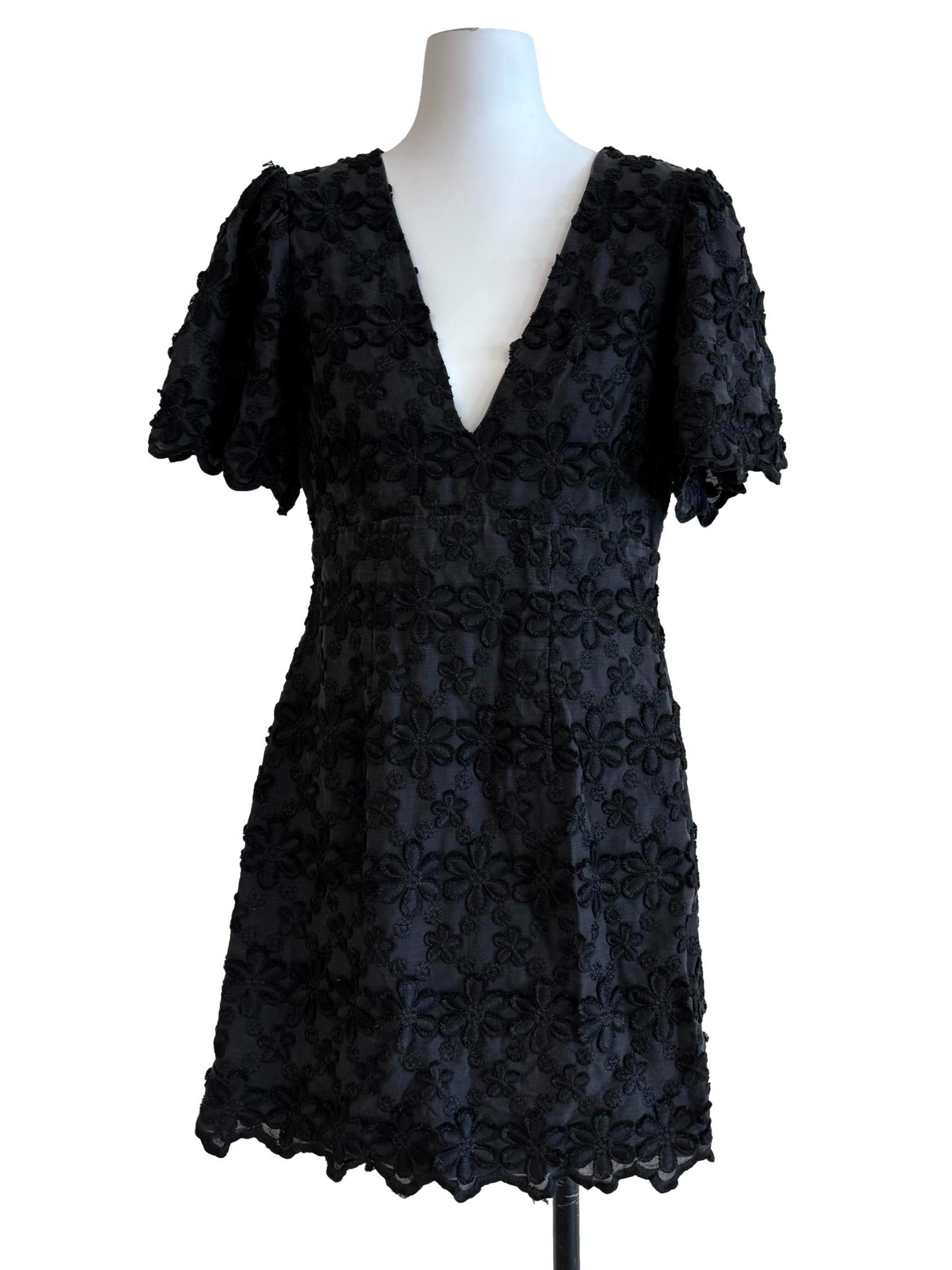Jet Black Short Sleeve Embroidered Dress