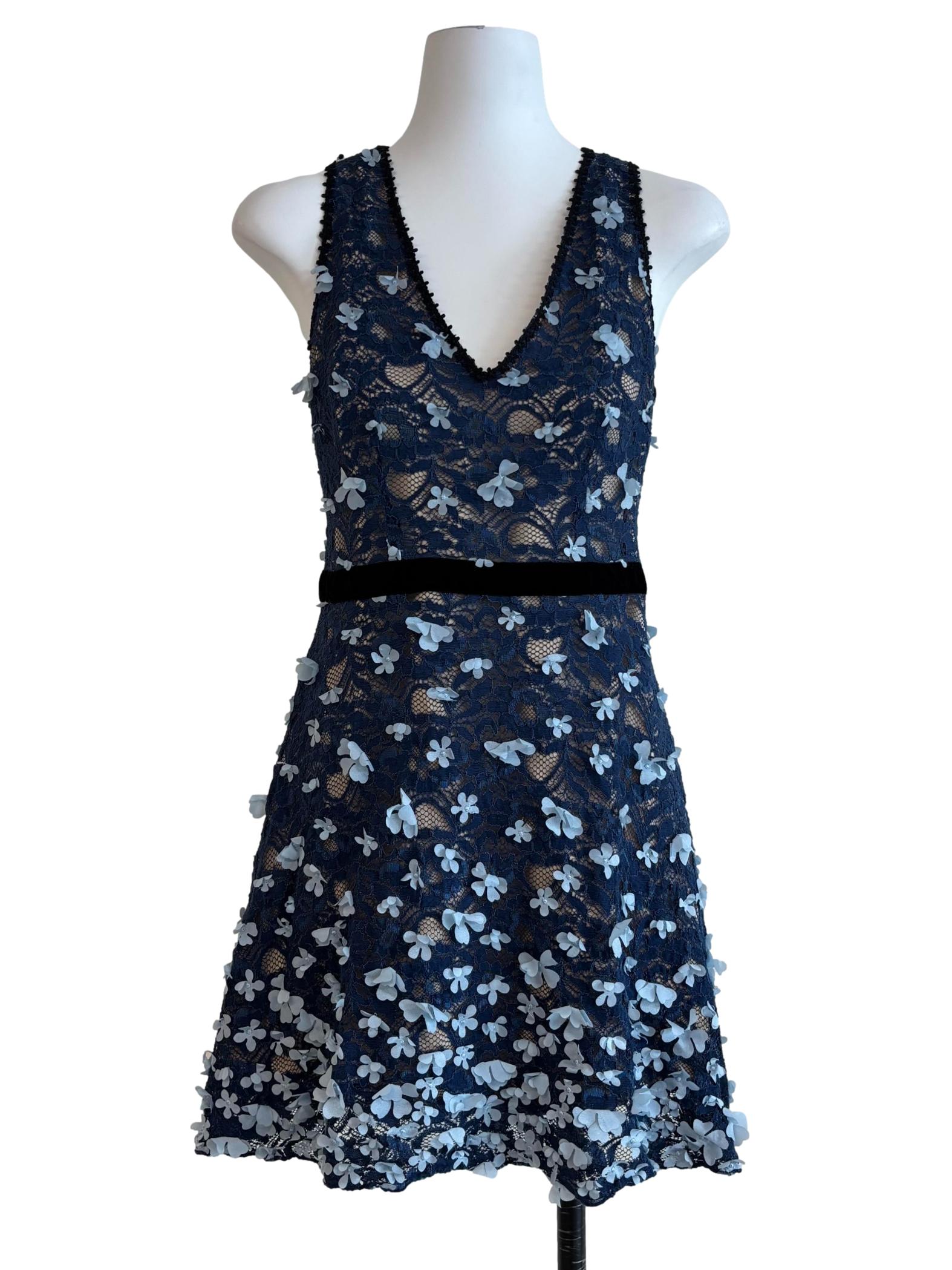 Lapis Blue Flower Appliques Mini Dress