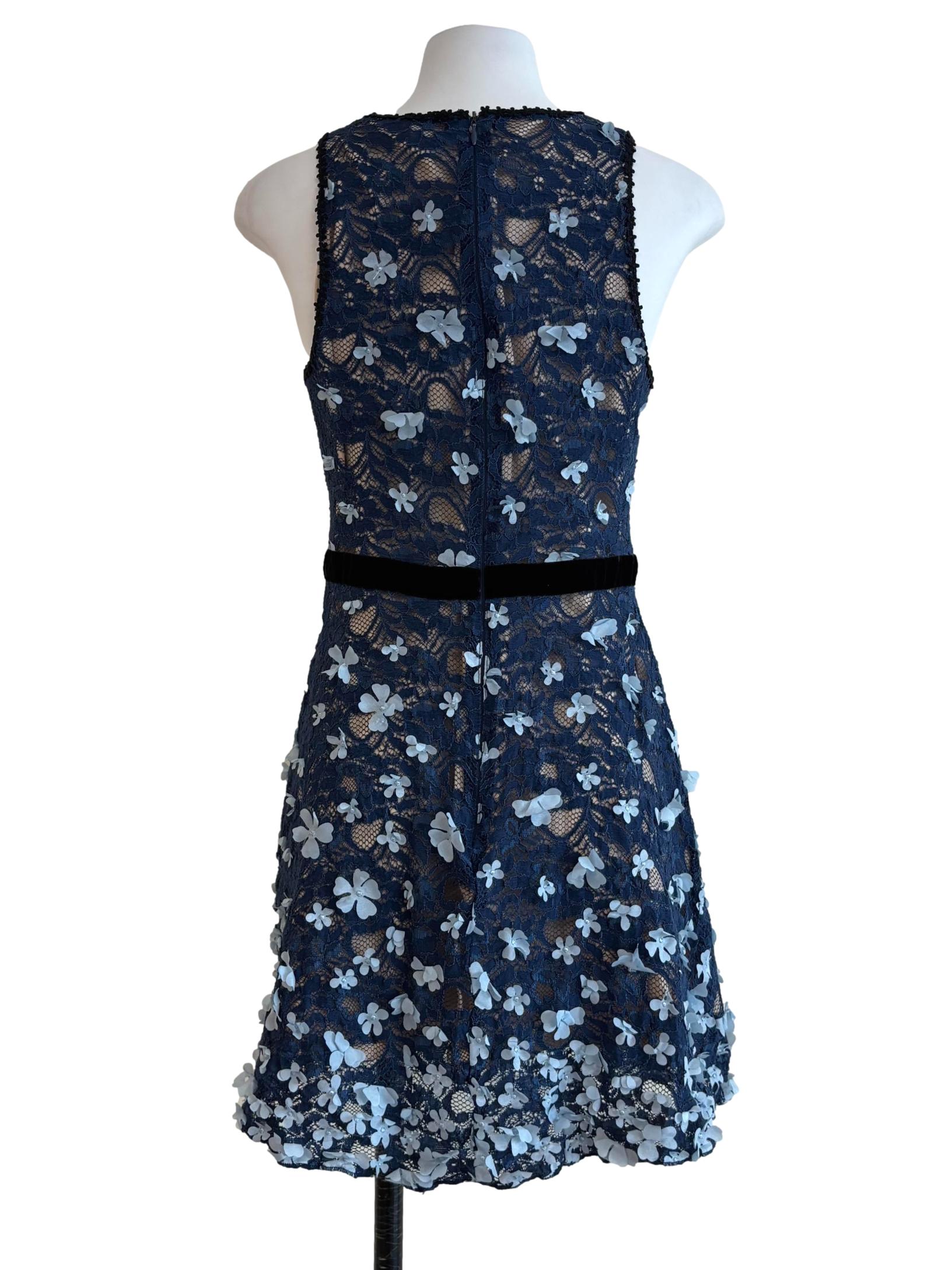 Lapis Blue Flower Appliques Mini Dress