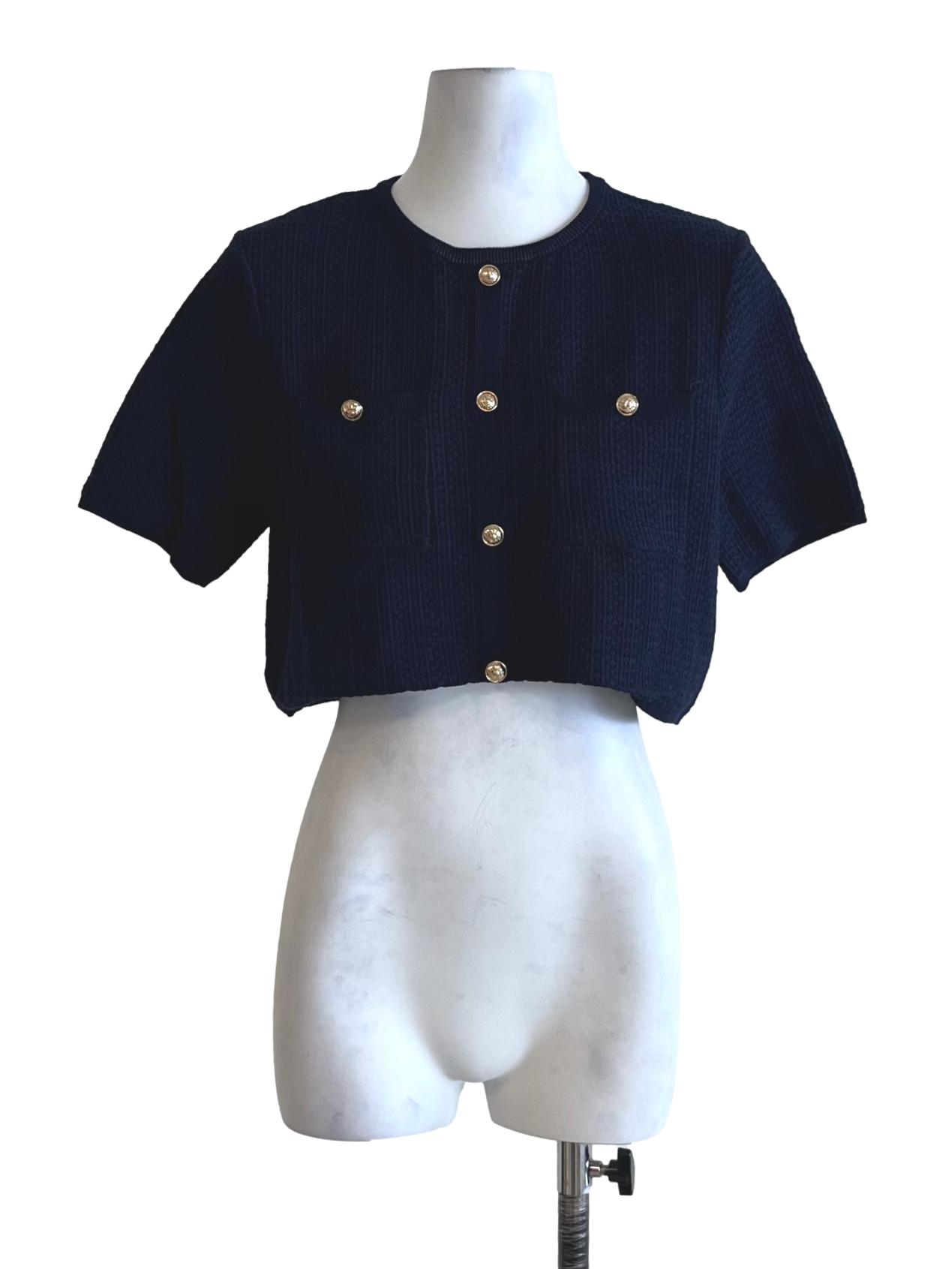 Navy Blue Jewel Neckline Blouse LB