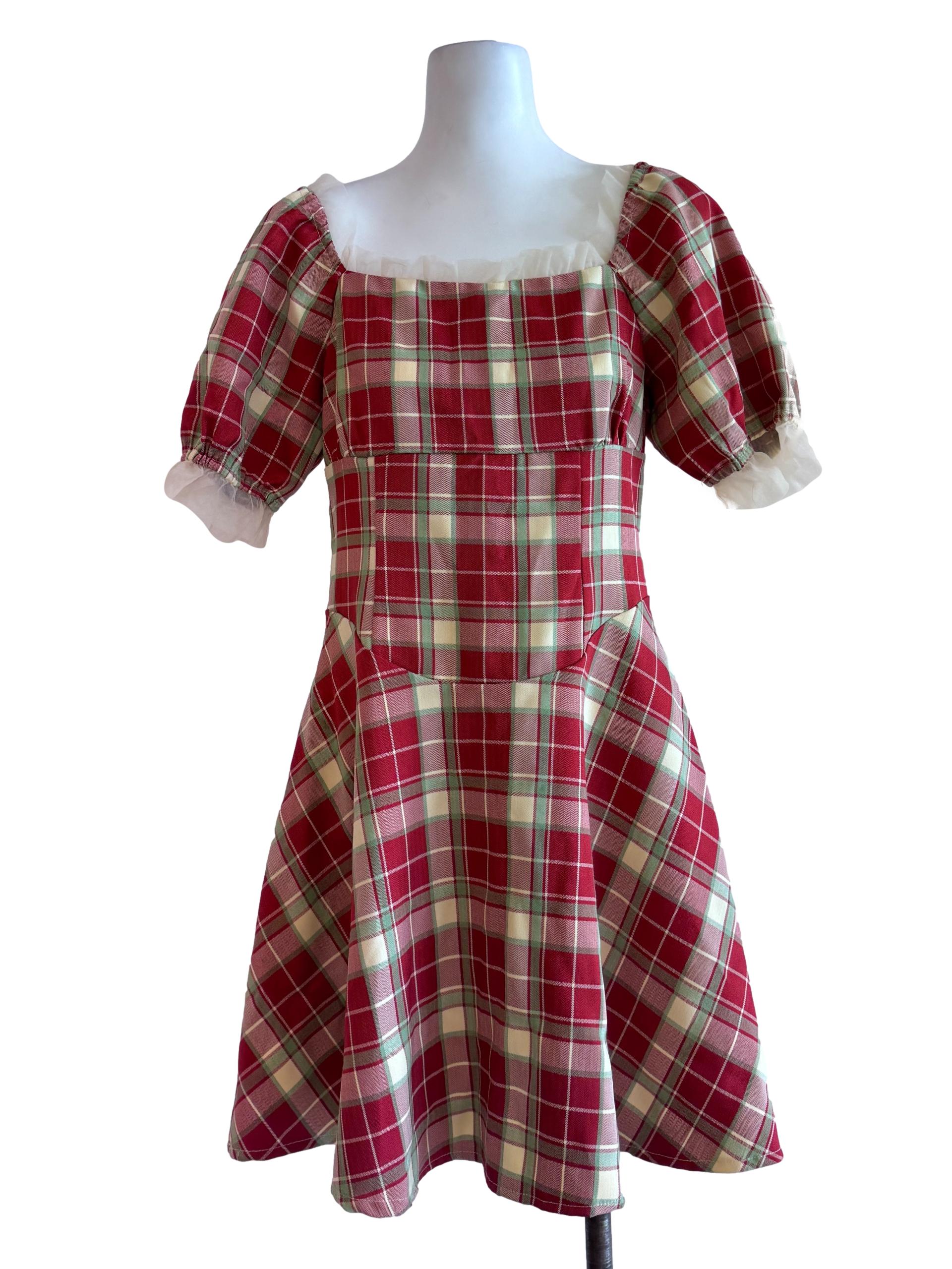 Multicolour Plaid Puff-Sleeve Dress