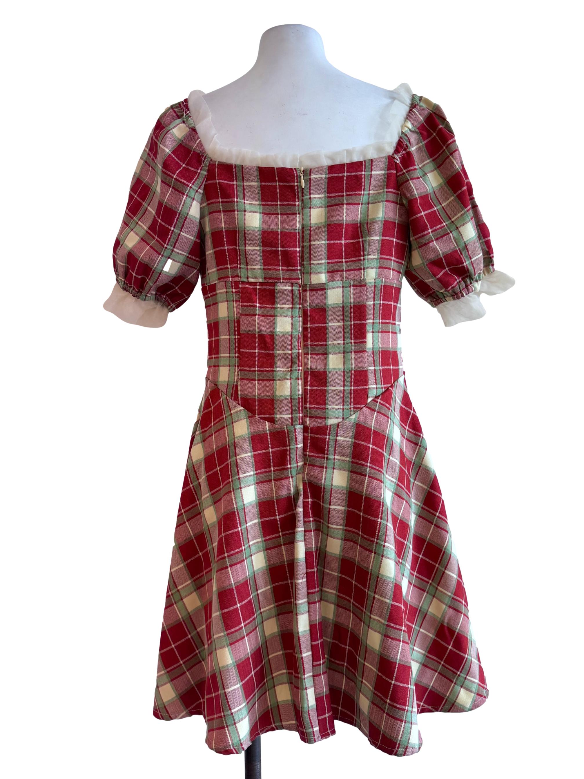 Multicolour Plaid Puff-Sleeve Dress