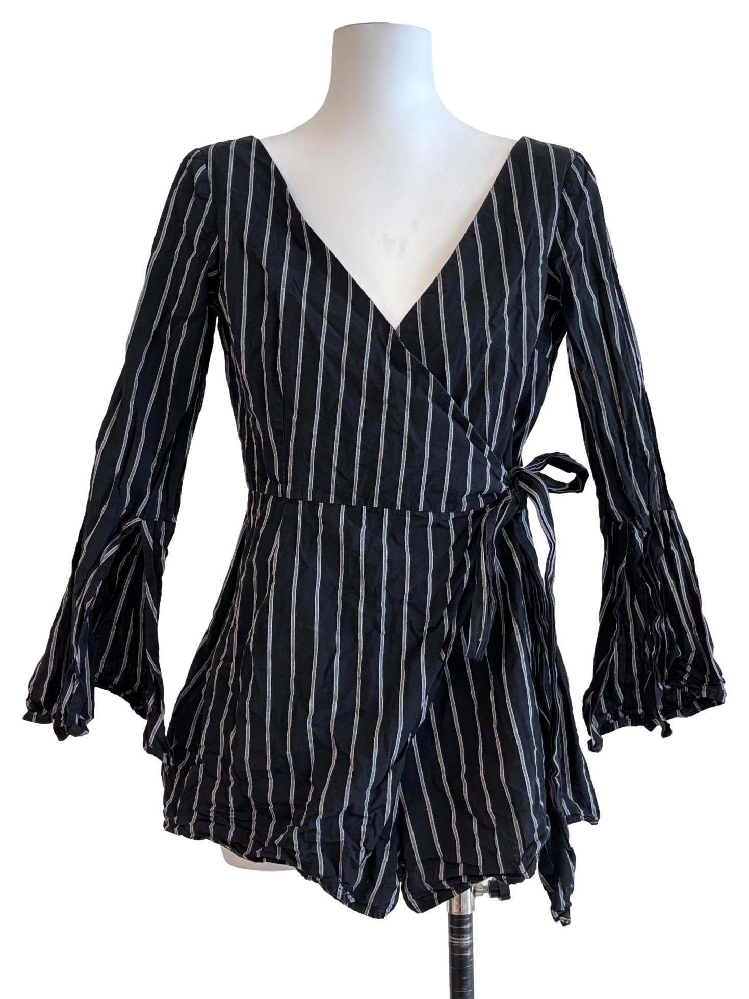 Jet Black Striped Cotton Wrap Romper