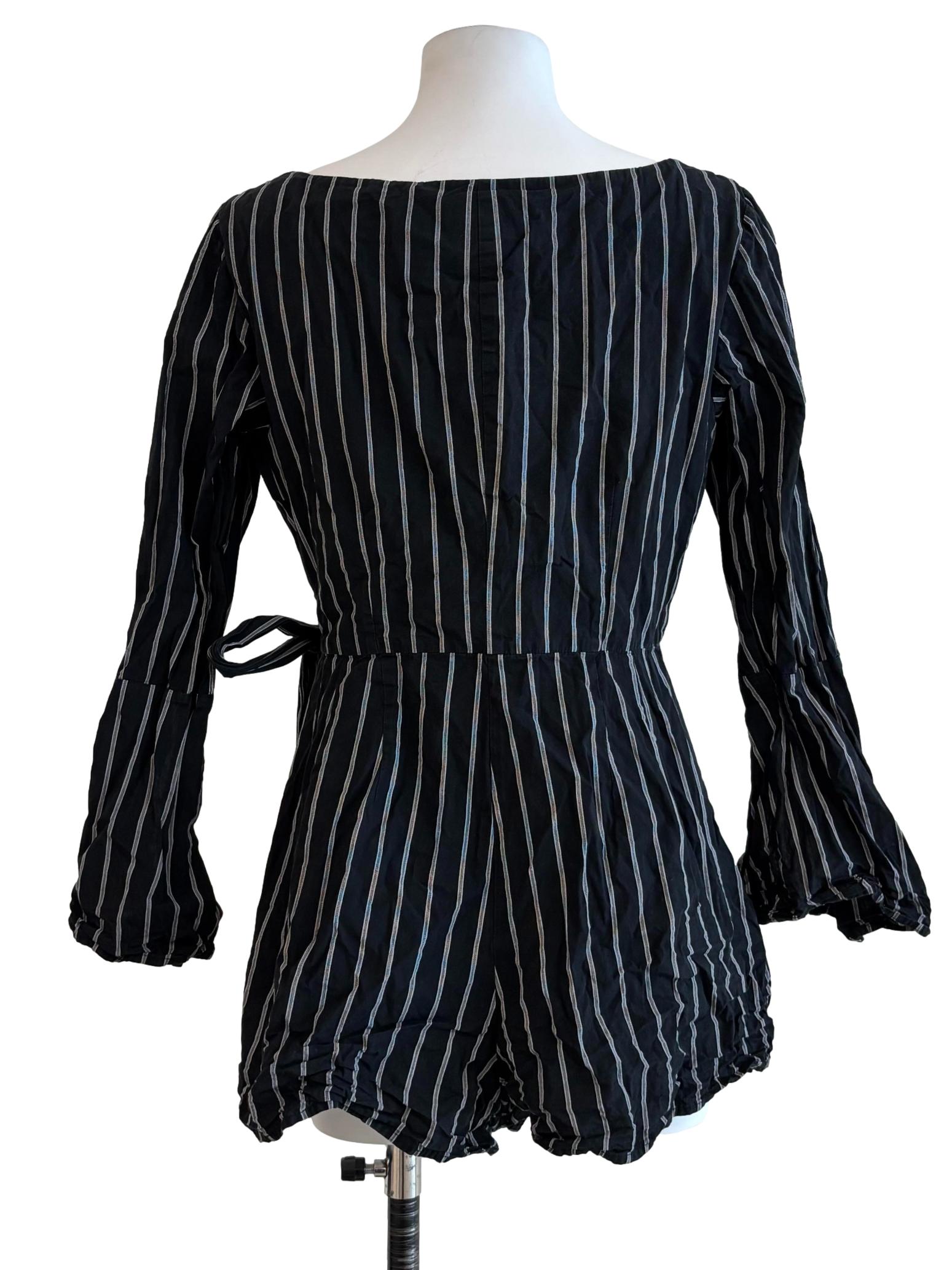 Jet Black Striped Cotton Wrap Romper