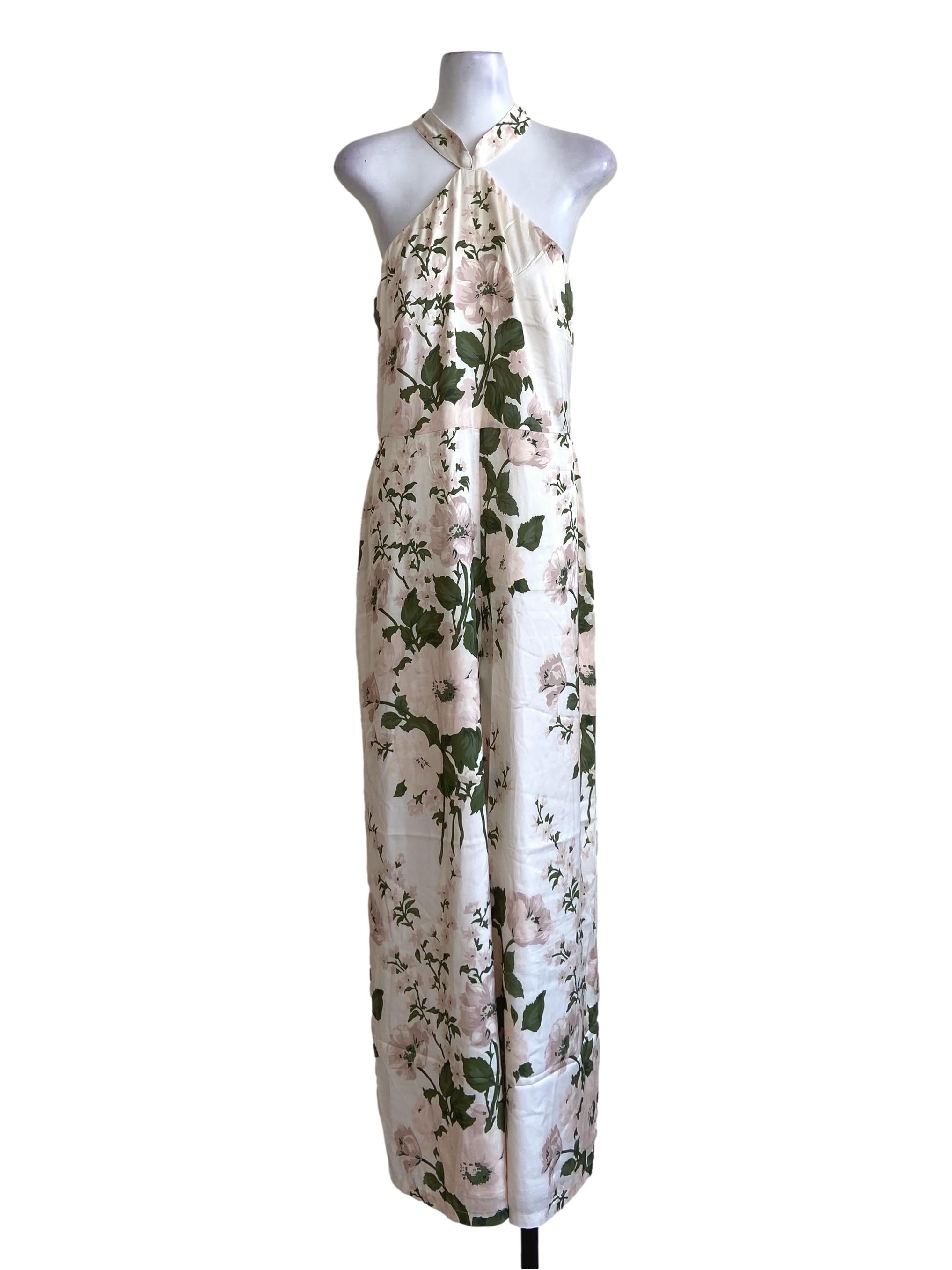 White & Floral Halter Neck Long Jumpsuit