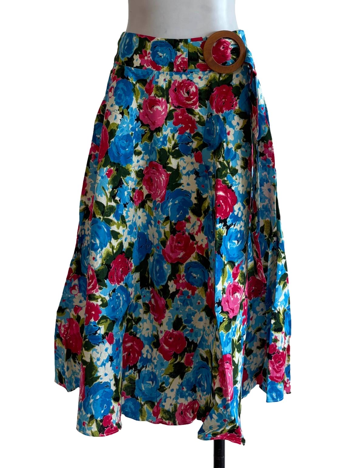 Blue And Pink Floral Cotton Midi Skirt
