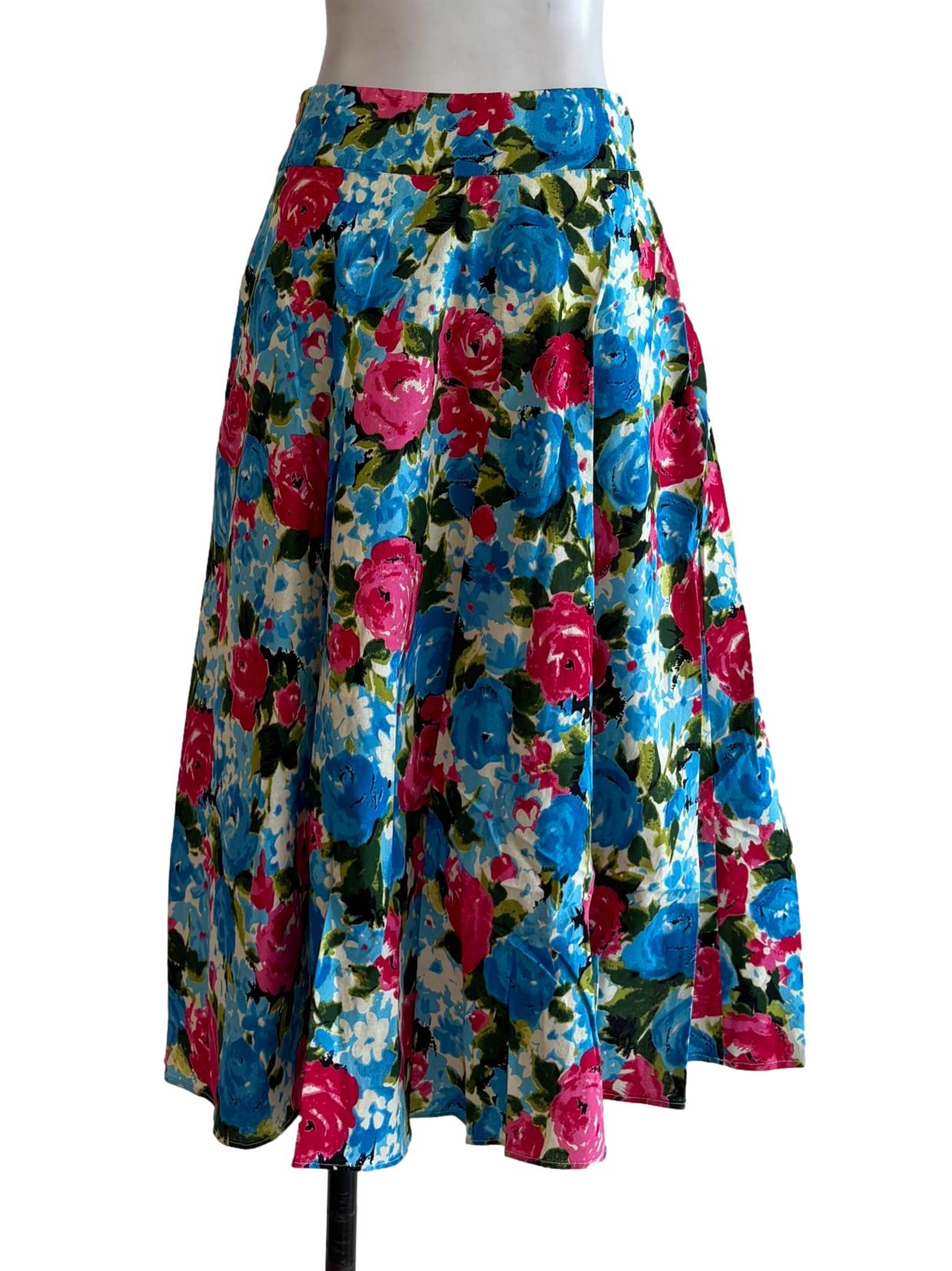 Blue And Pink Floral Cotton Midi Skirt