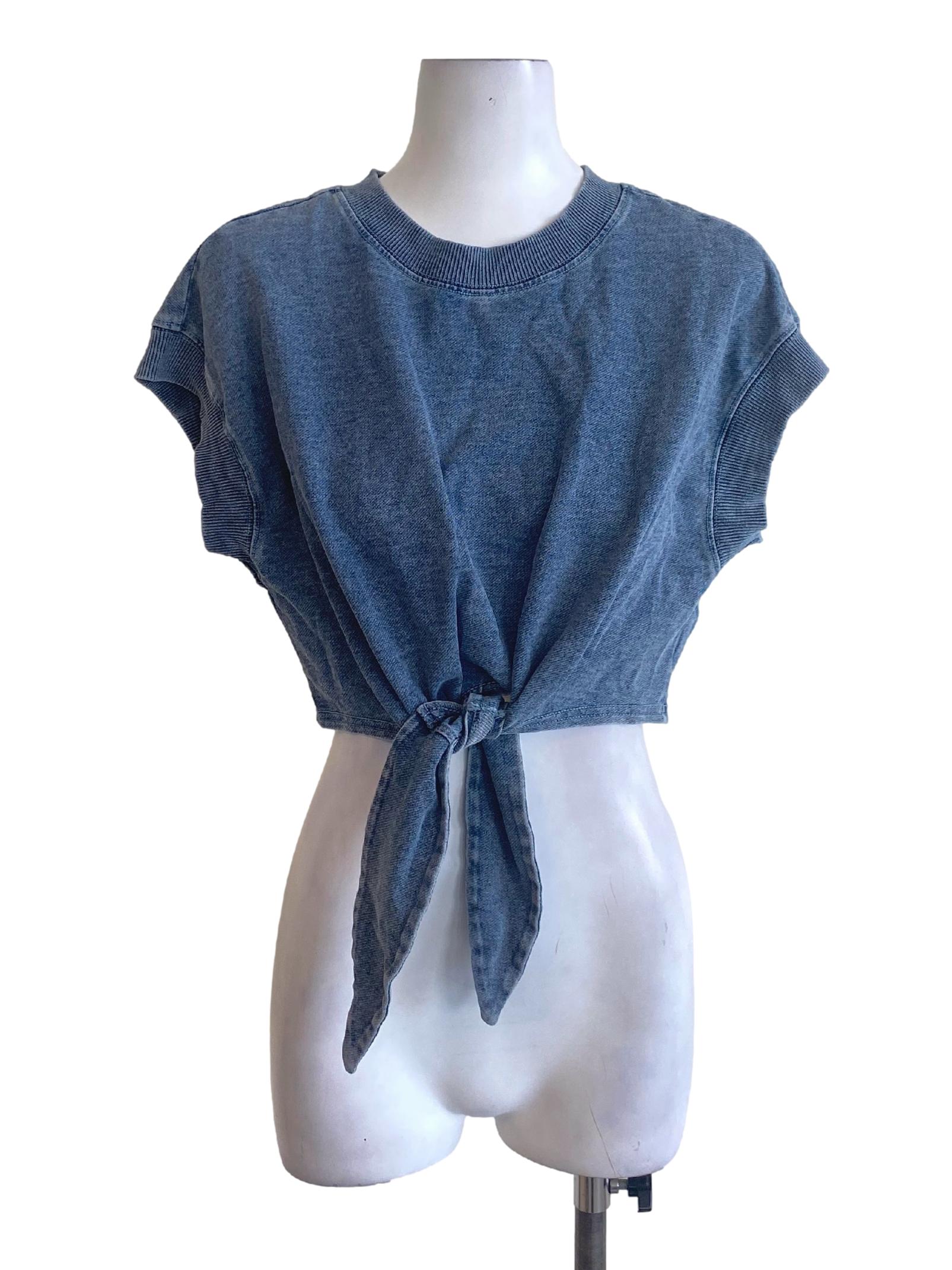 Denim Blue Round Neck Front Knot Jeans Cropped Top