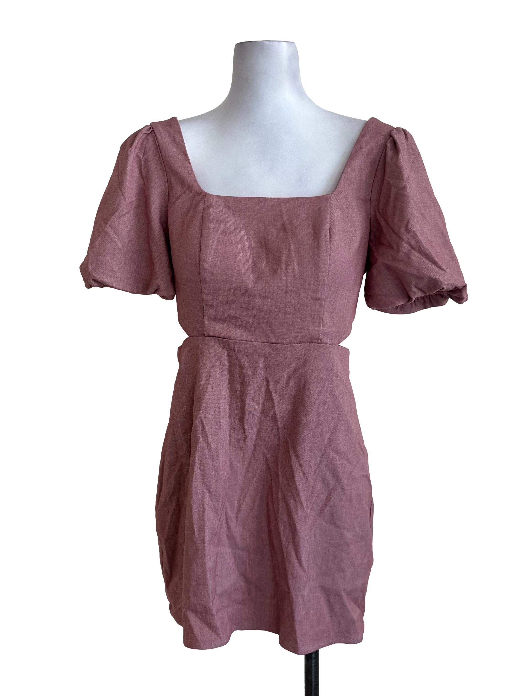 Rose Pink Puff Sleeve Side Open Dress