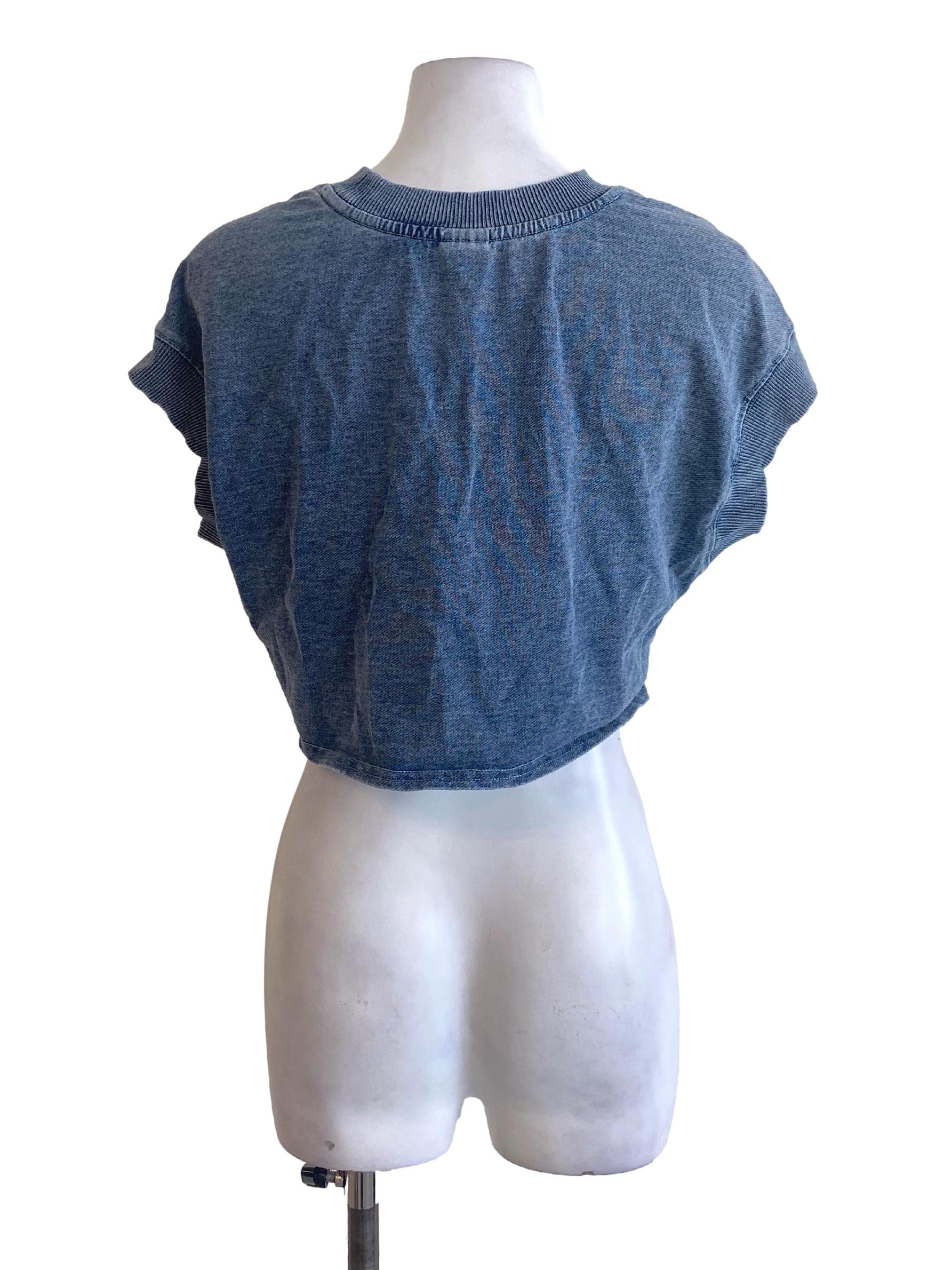 Denim Blue Round Neck Front Knot Jeans Cropped Top
