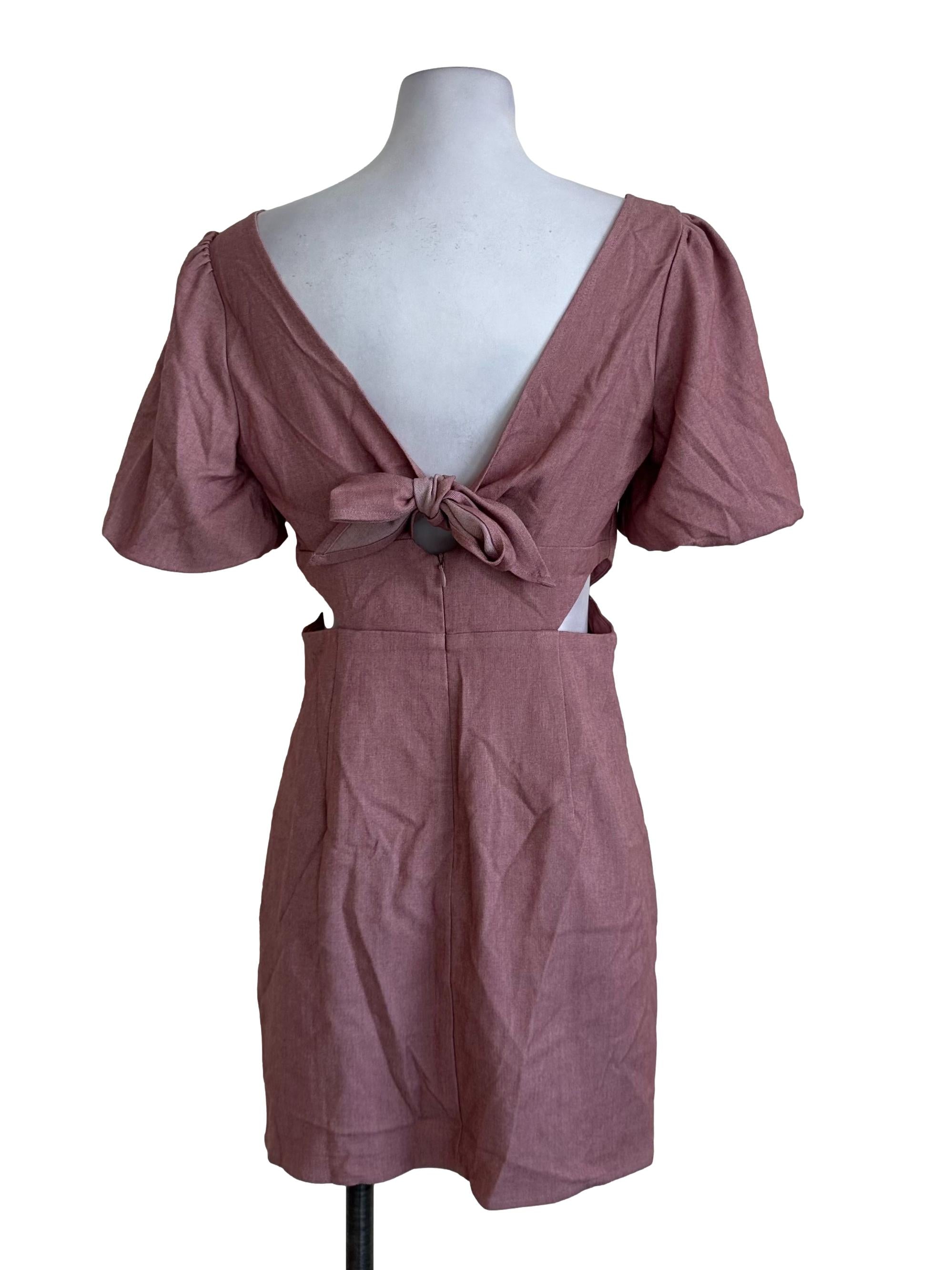 Rose Pink Puff Sleeve Side Open Dress