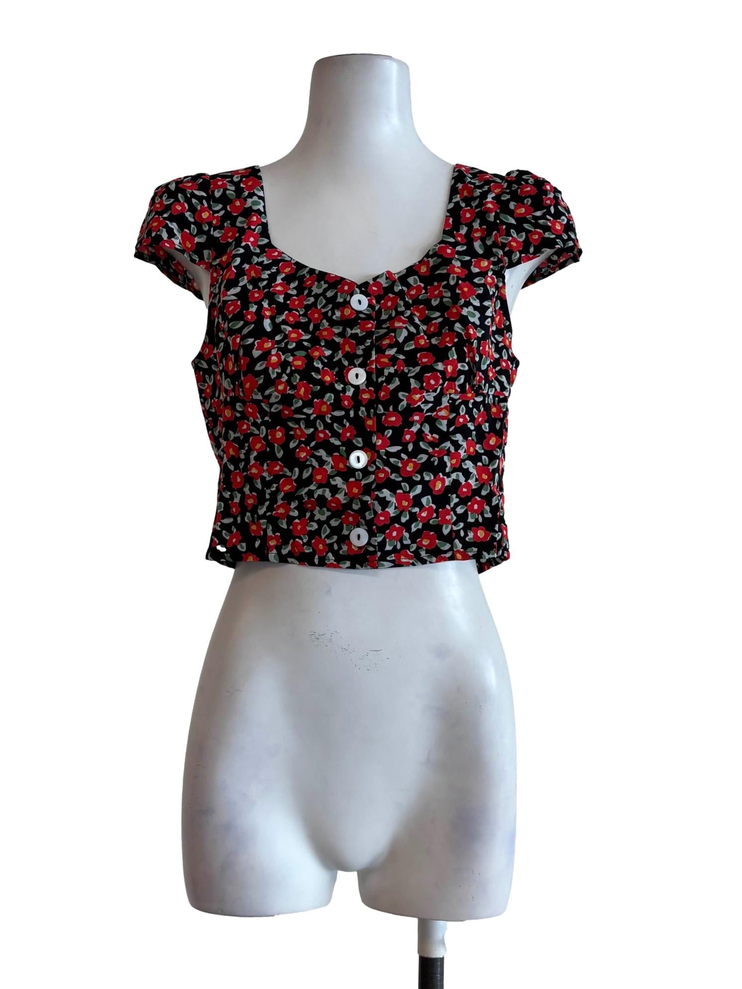 Red Floral Print Baby Doll Crop Top