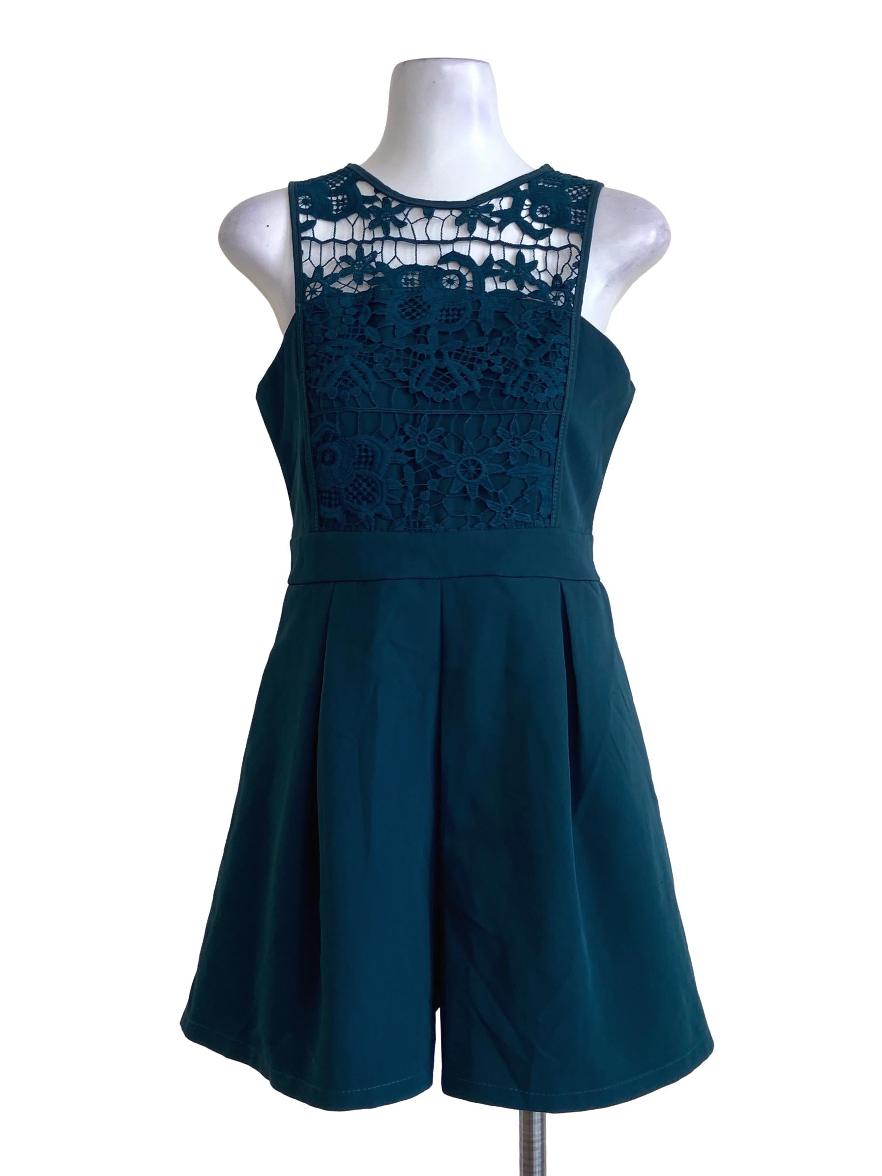 Emerald Green Floral Lace Sleeveless Romper
