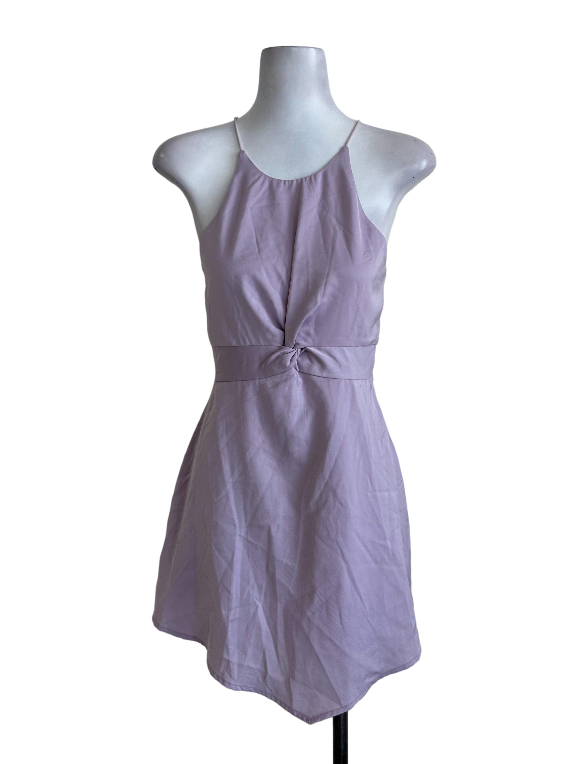Lilac Purple Knot Satin Halter Dress