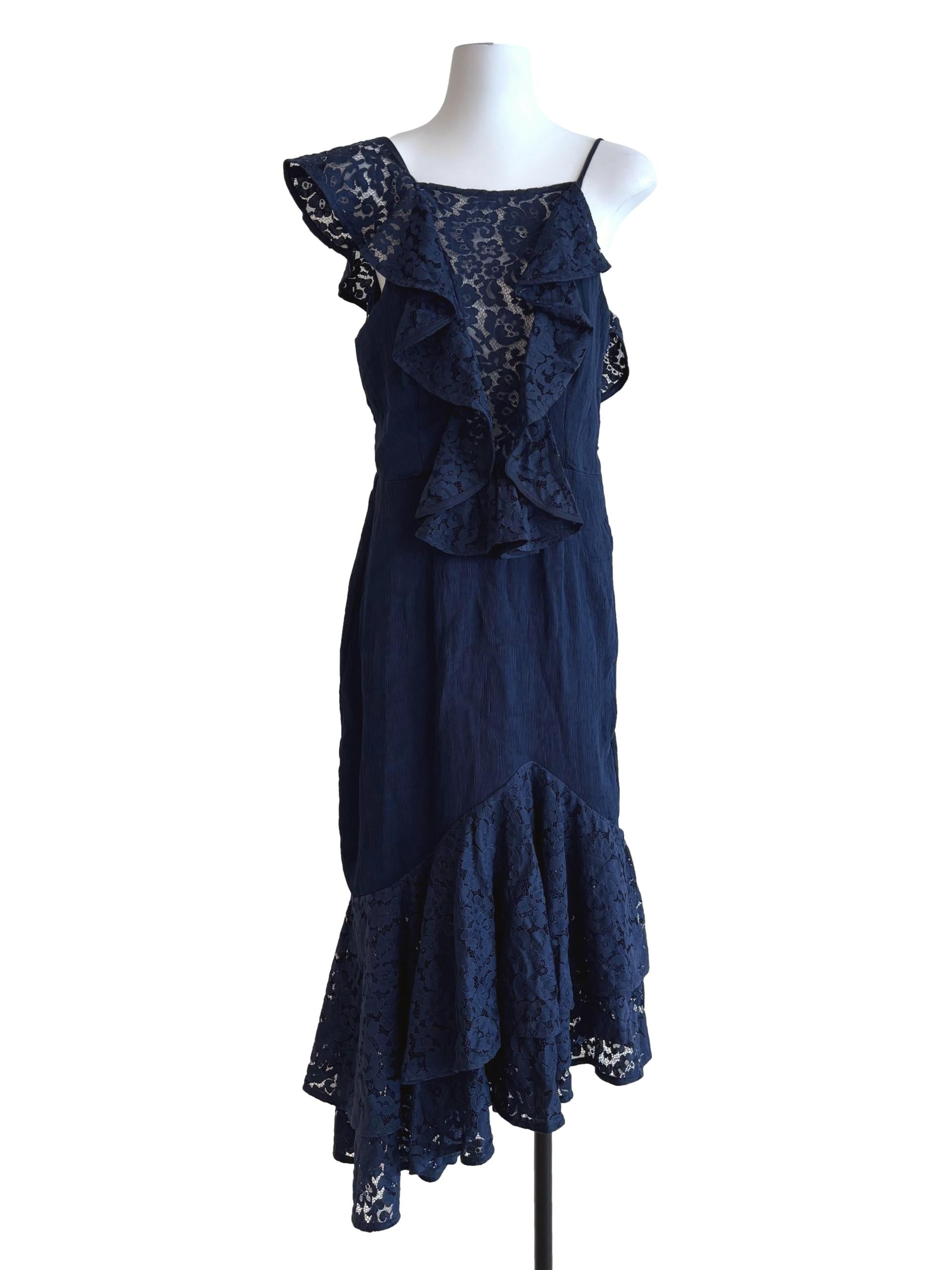 Midnight Blue Ruffle Lace Sabrina Dress
