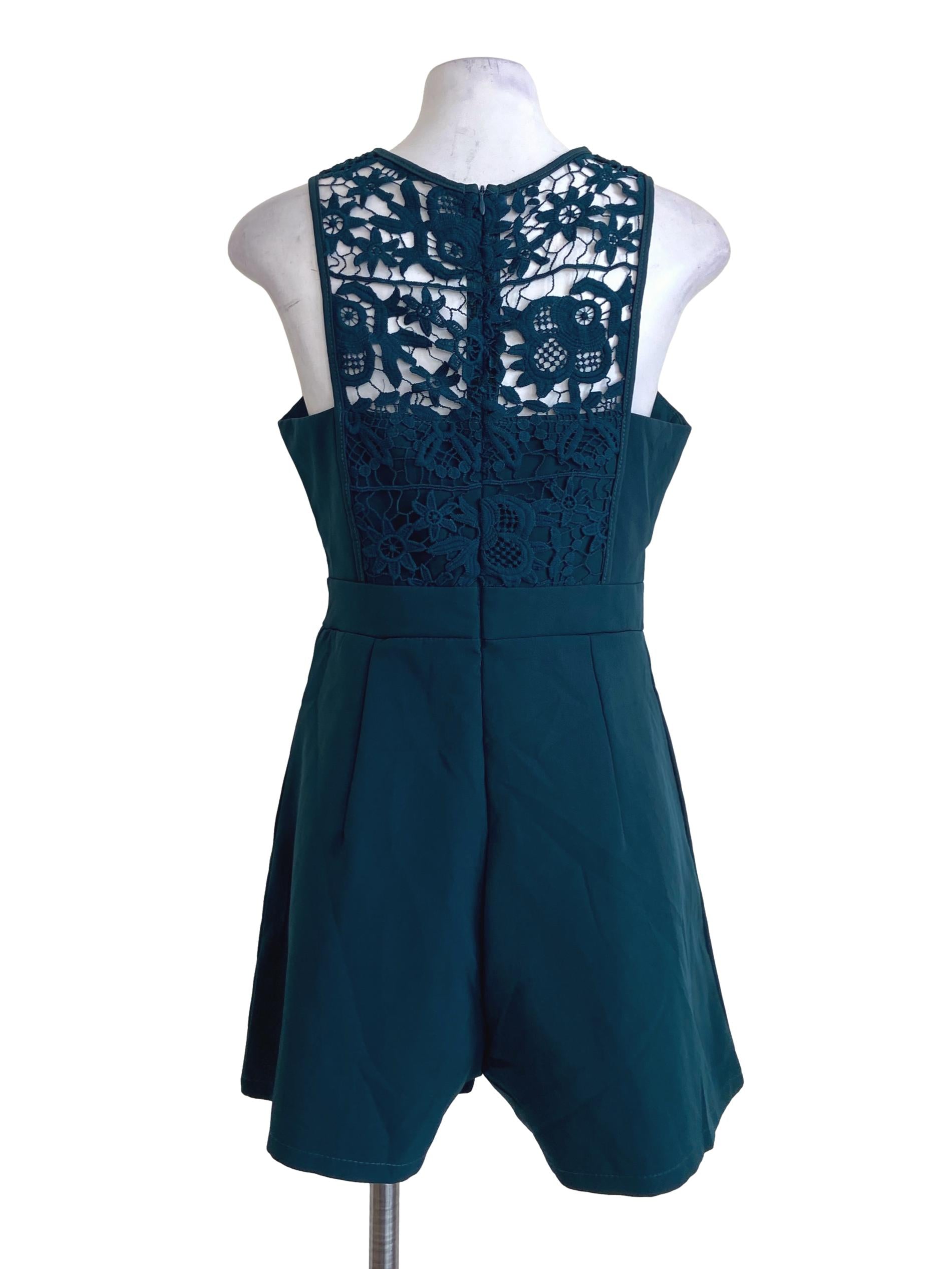 Emerald Green Floral Lace Sleeveless Romper