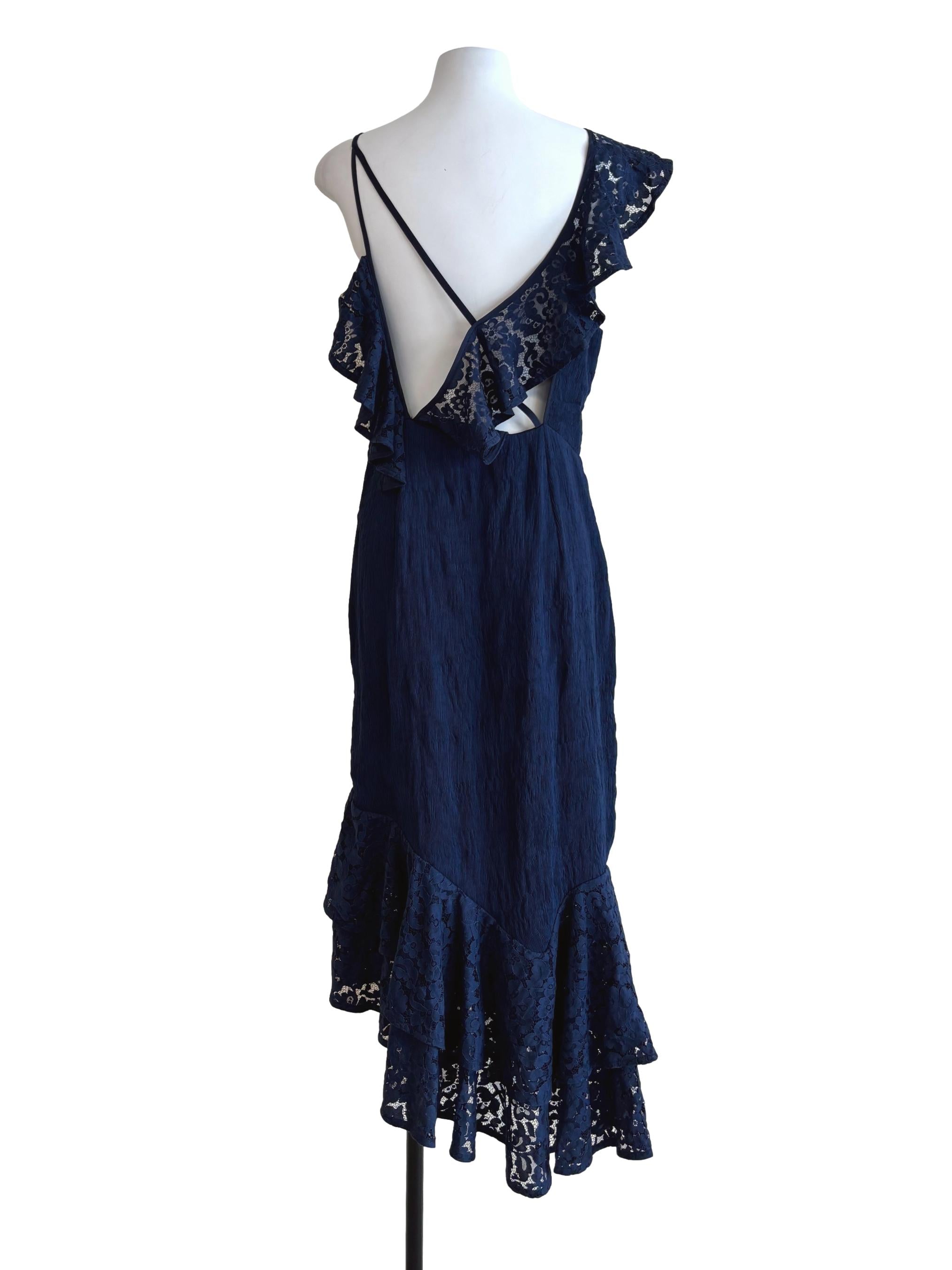 Midnight Blue Ruffle Lace Sabrina Dress