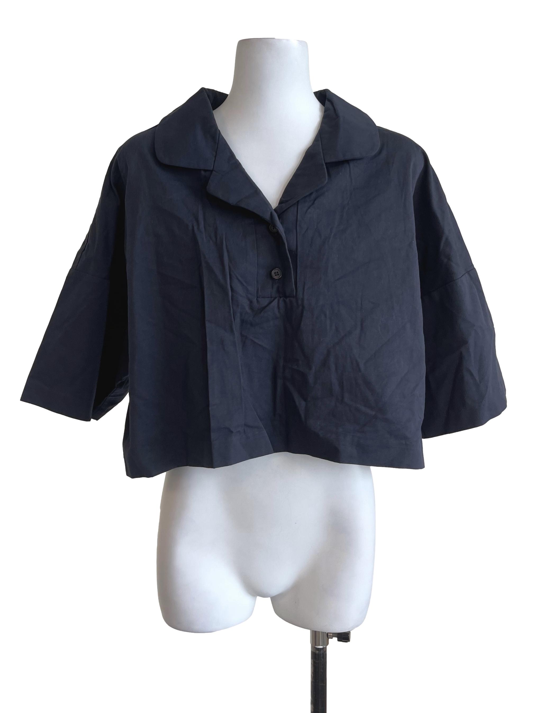 Blue Black Collared Cropped Shirt