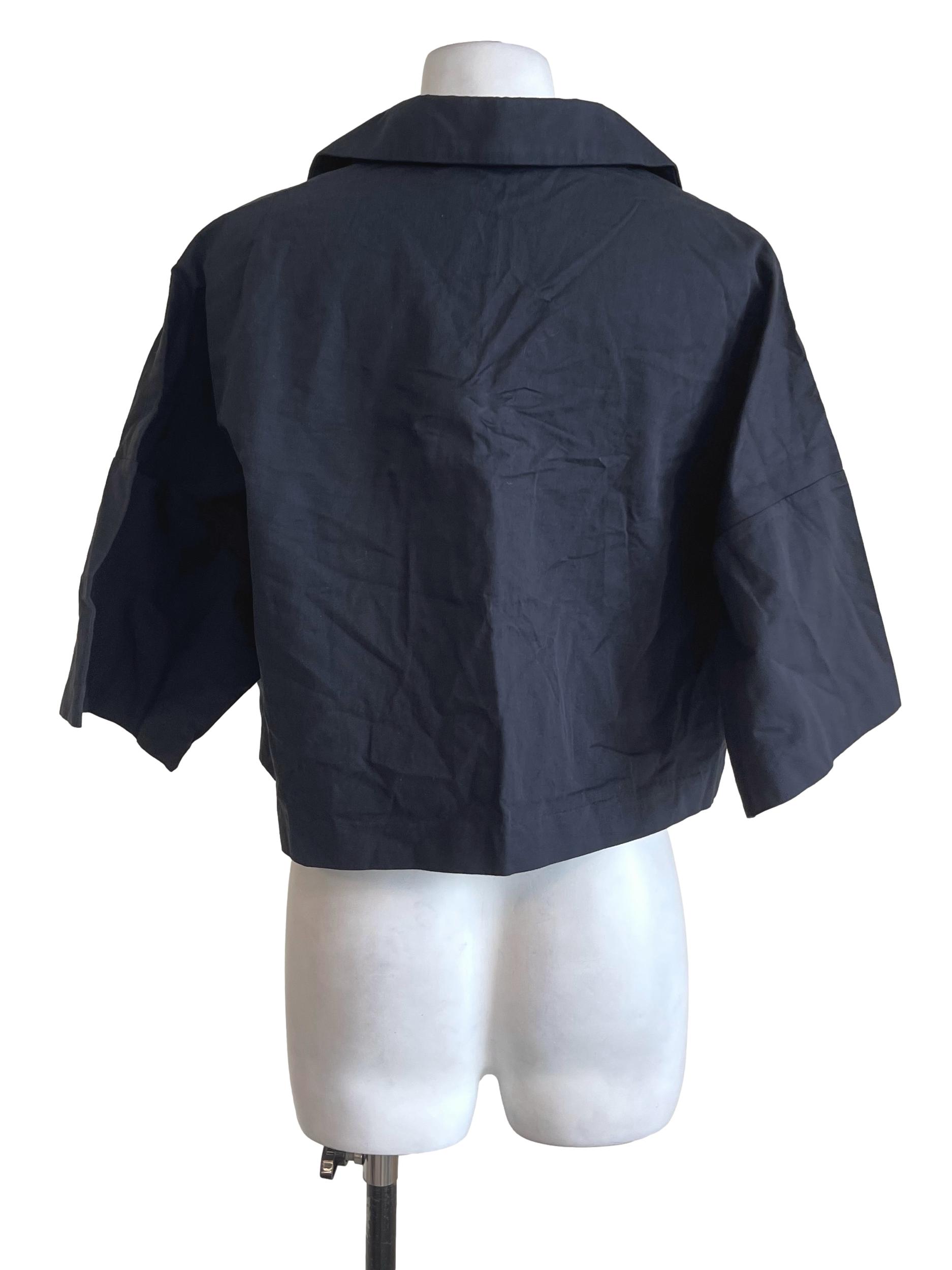 Blue Black Collared Cropped Shirt