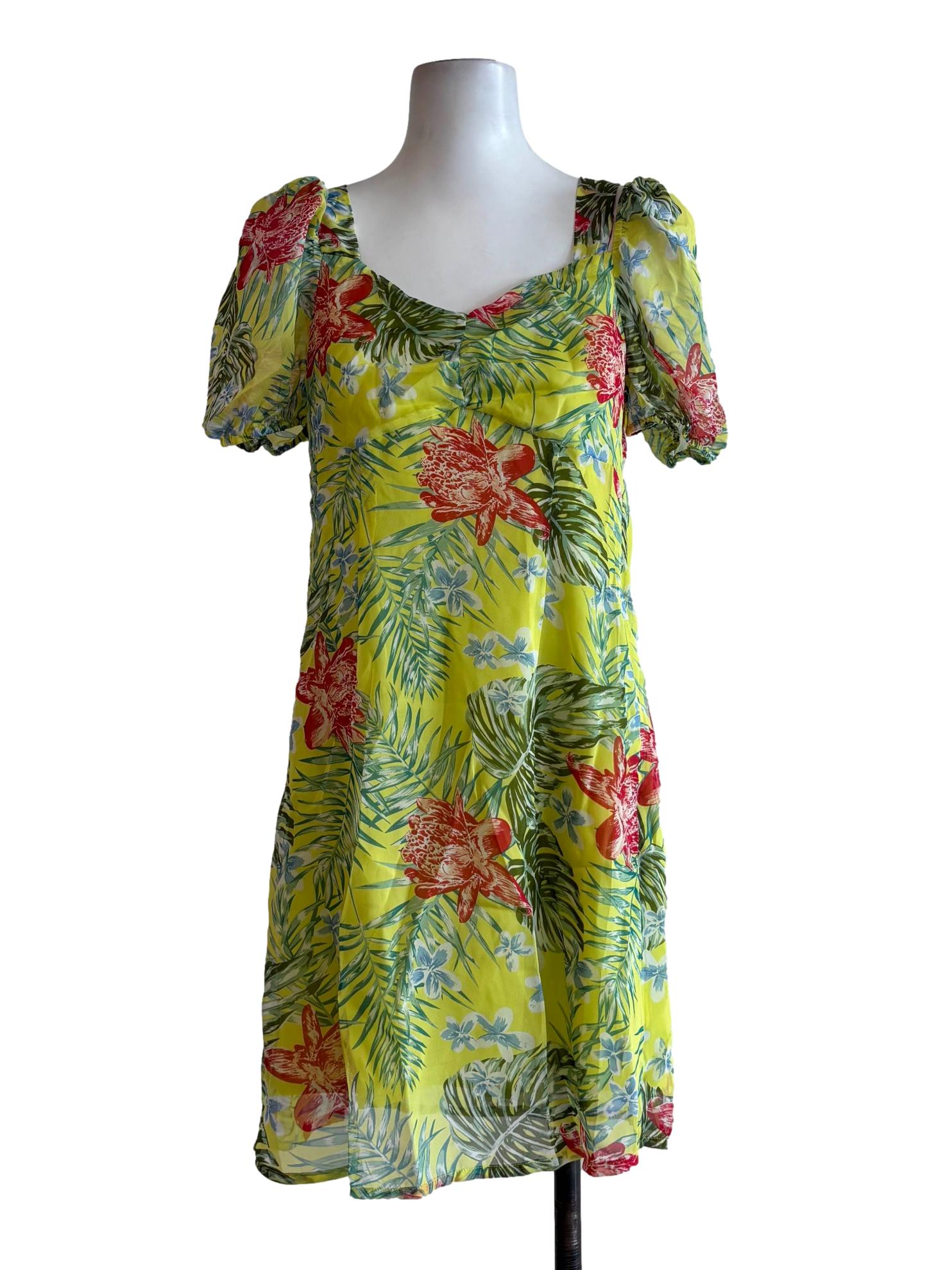 Neon Yellow Floral Print Sweetheart Neckline Dress